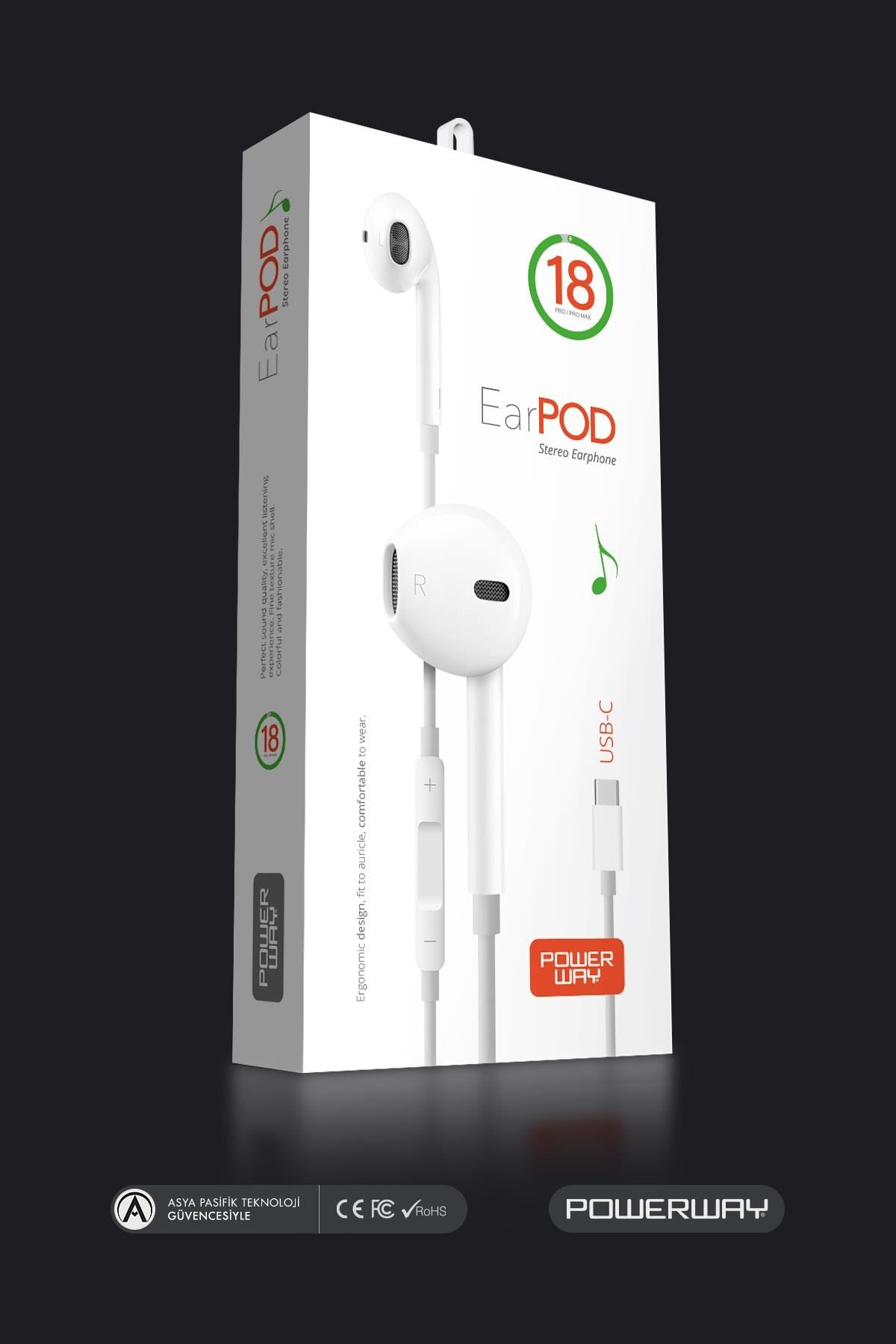 Powerway EardPod iPhone 15 Type-C Kulaklık Usb-C Tüm Cihazlar İle Uyumlu