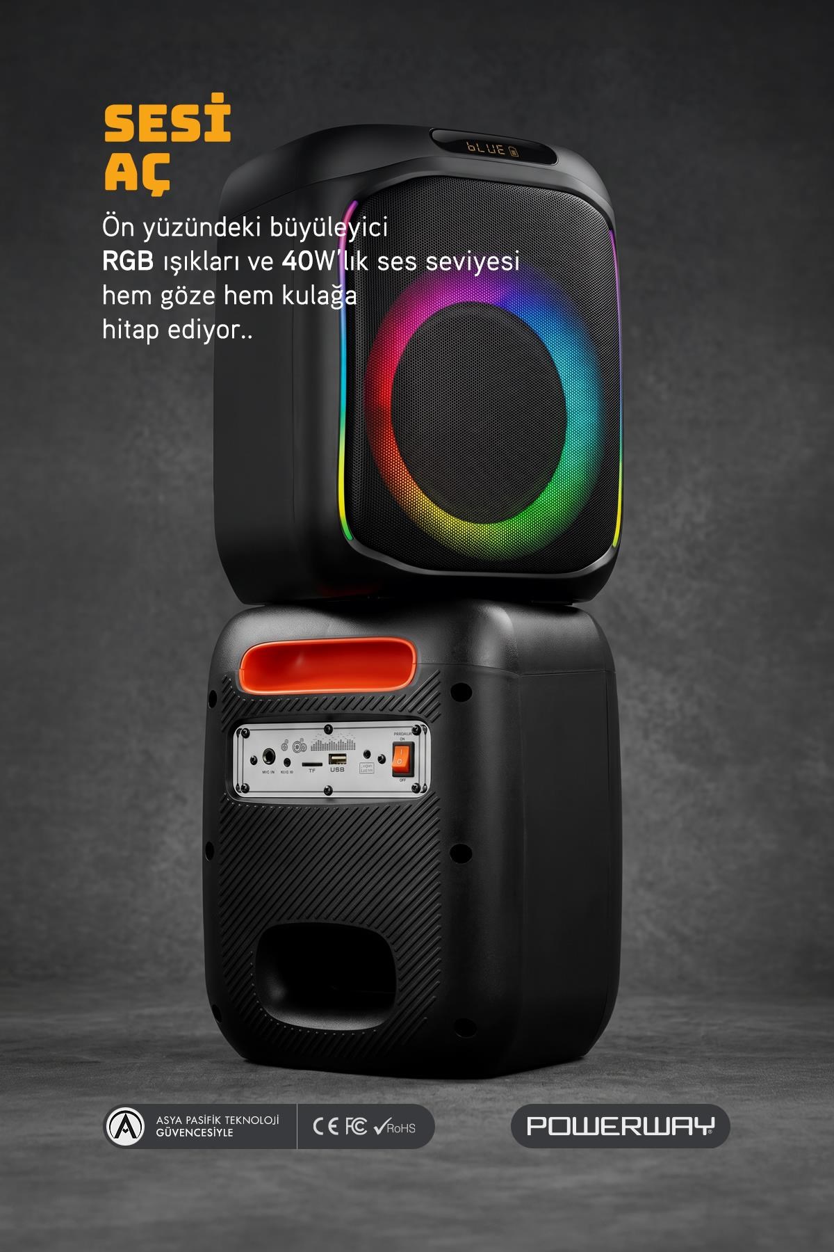 Powerway MIO Taşınabilir Mikrofonlu 40 W Parti Karaoke Kumandalı Bluetooth Hoparlör Led Işıklı