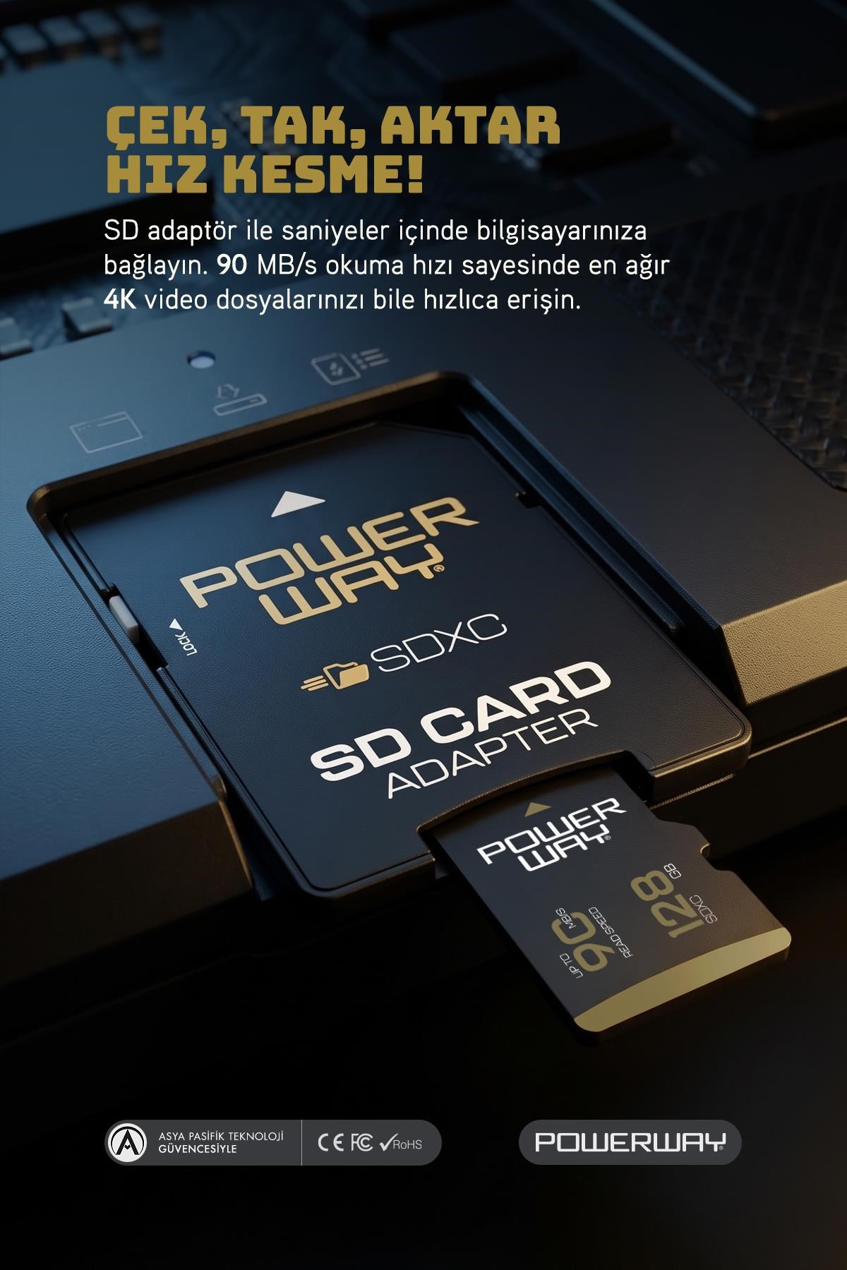 Powerway Premium 128 GB SDXC UHS Class 4K Ultra Hızlı Hafıza Kartı + Adaptör