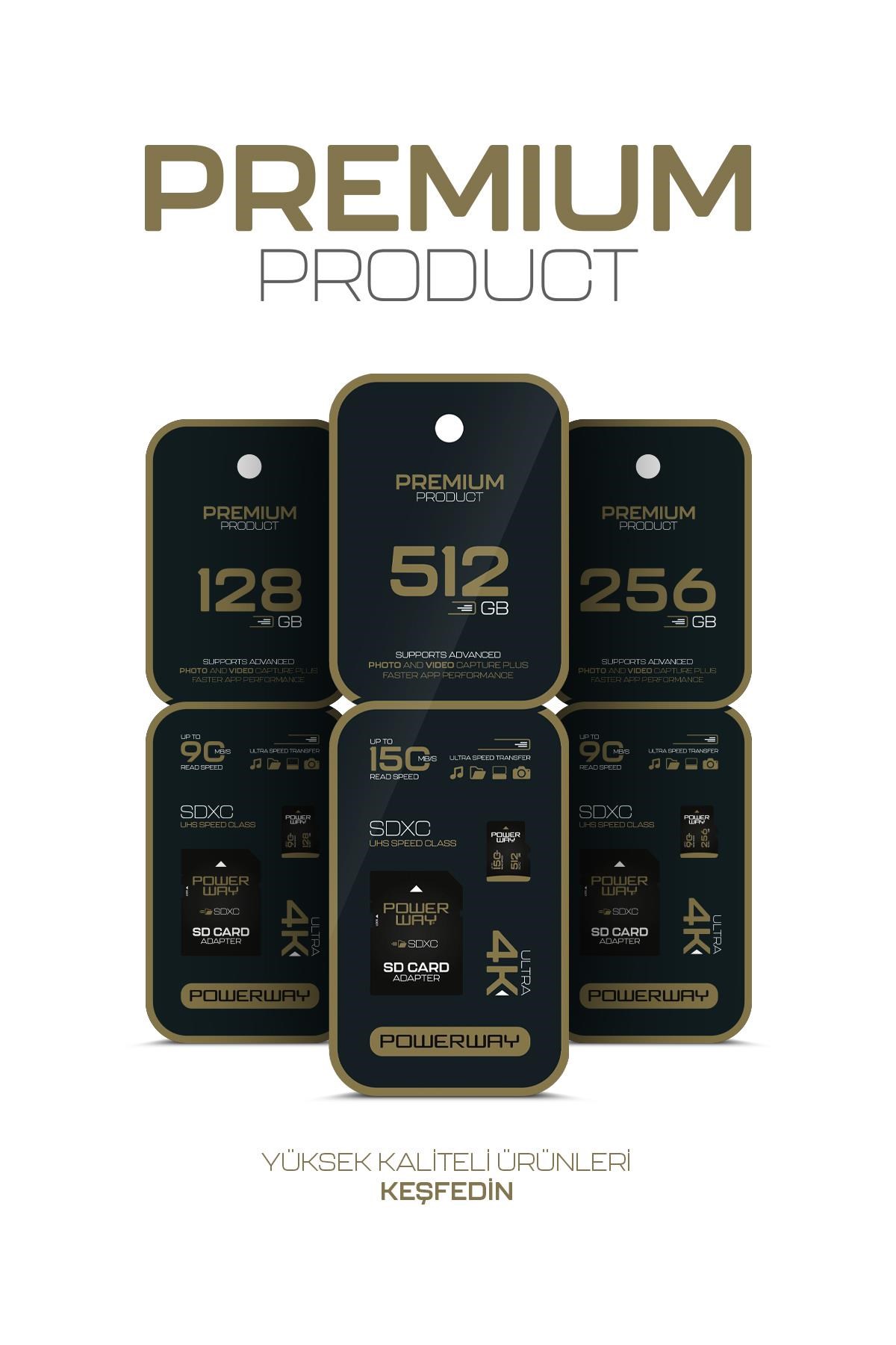 Powerway Premium 256GB SDXC UHS Class 4K Ultra Hızlı Hafıza Kartı + Adaptör