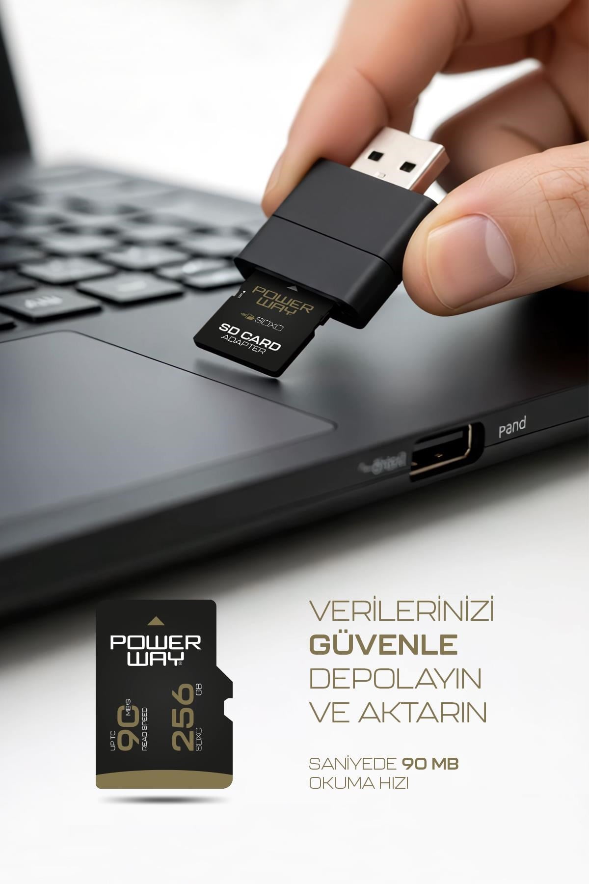 Powerway Premium 256GB SDXC UHS Class 4K Ultra Hızlı Hafıza Kartı + Adaptör