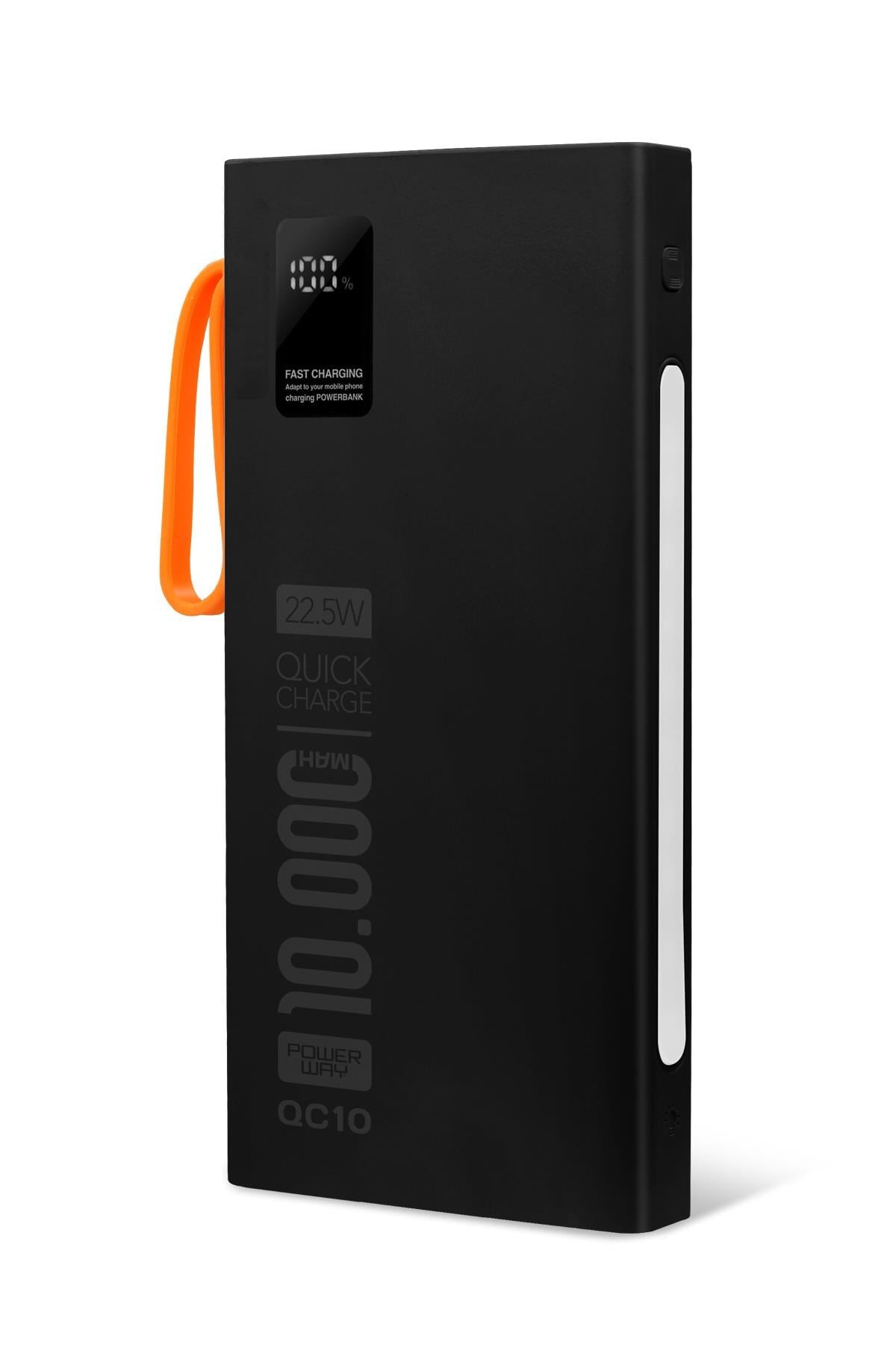 Powerway QC10 Siyah 10.000 Mah PD 22.5W Dahili Kablolu Hızlı Şarj Led Işıklı Powerbank