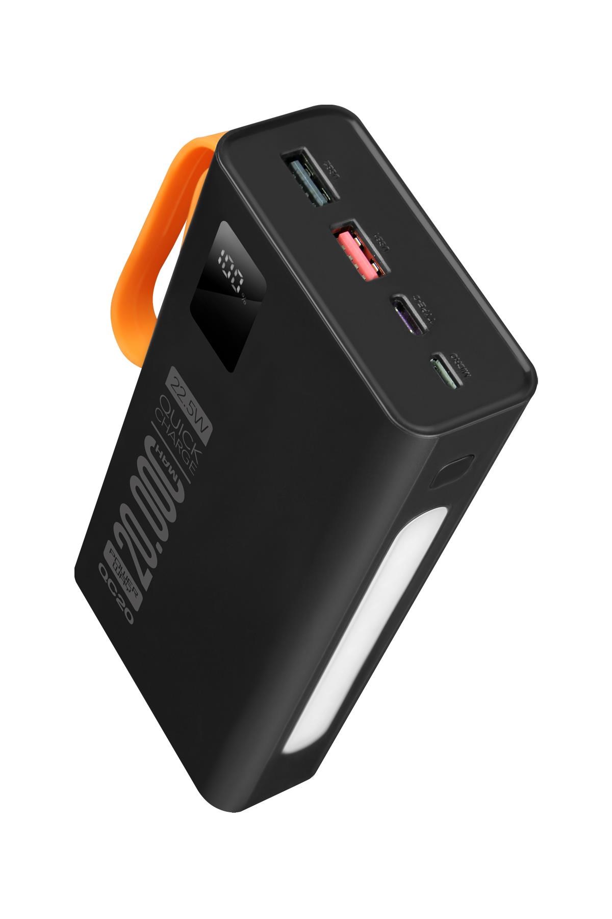 Powerway QC20 Siyah 20.000 Mah PD 22.5W Dahili Kablolu Hızlı Şarj Led Işıklı Powerbank