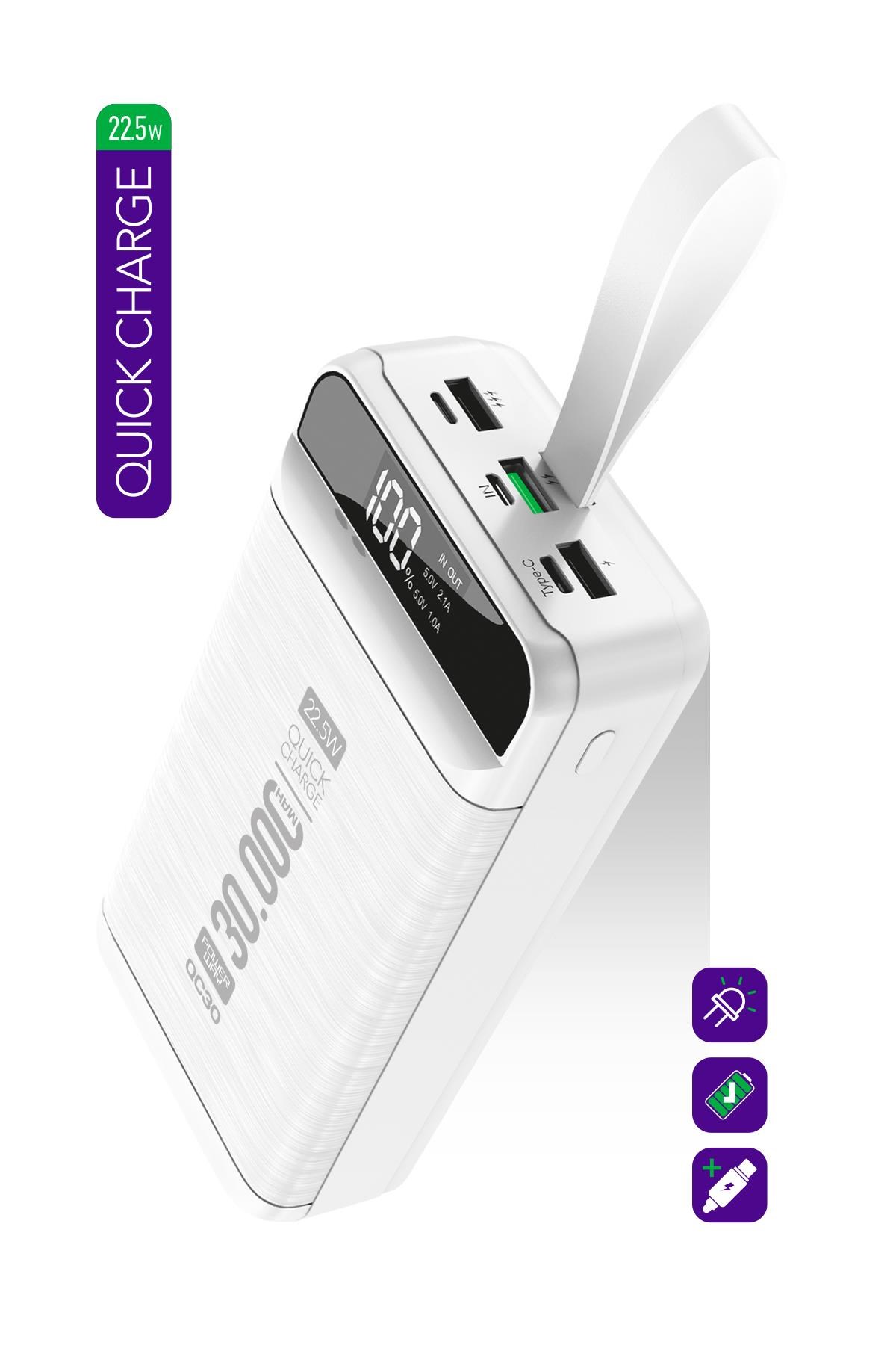 Powerway QC30 Beyaz 30.000 Mah PD 22.5W Hızlı Şarj Led Işıklı Powerbank