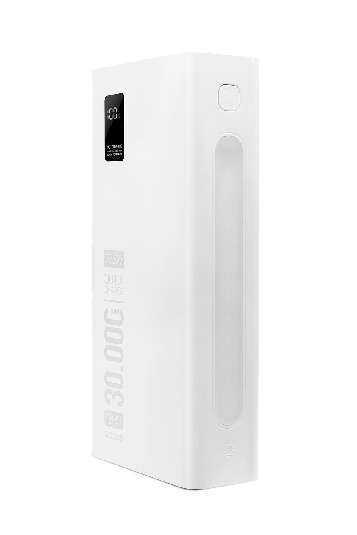 Powerway QC30S Beyaz 30.000 Mah PD 22.5W Dahili Kablolu Hızlı Şarj Led Işıklı Powerbank
