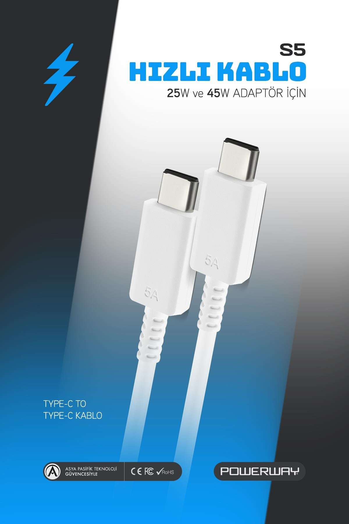 Powerway S5 45W Yüksek Hızlı Şarj Destekli 5A İki Ucu Type-C Şarj ve Veri Aktarma Kablosu