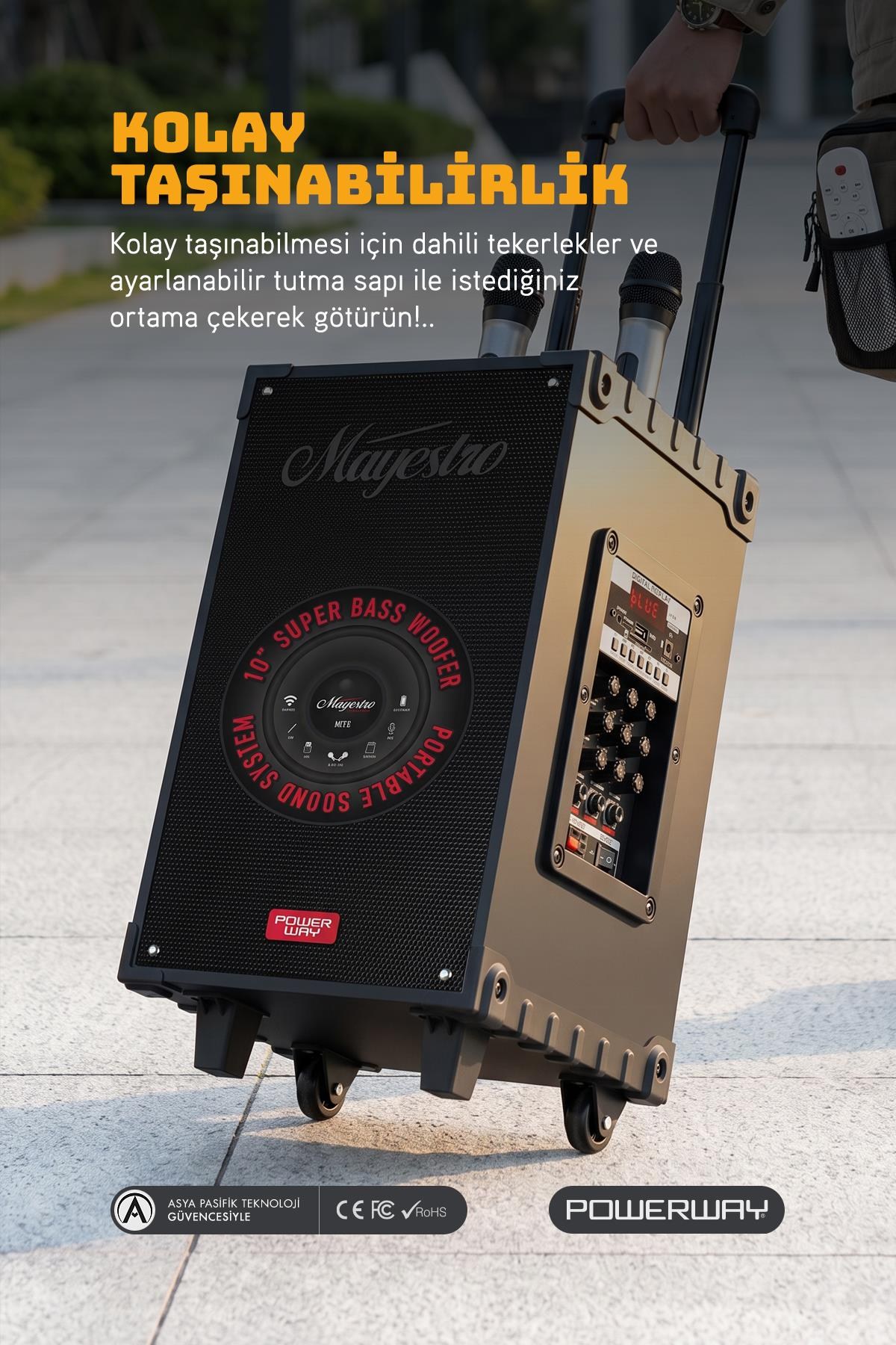 Powerway Şarjlı Çift Mikrofonlu Hoparlör Karaoke Sistemi Taşınabilir Amfi MT70 Bluetooth Hoparlör