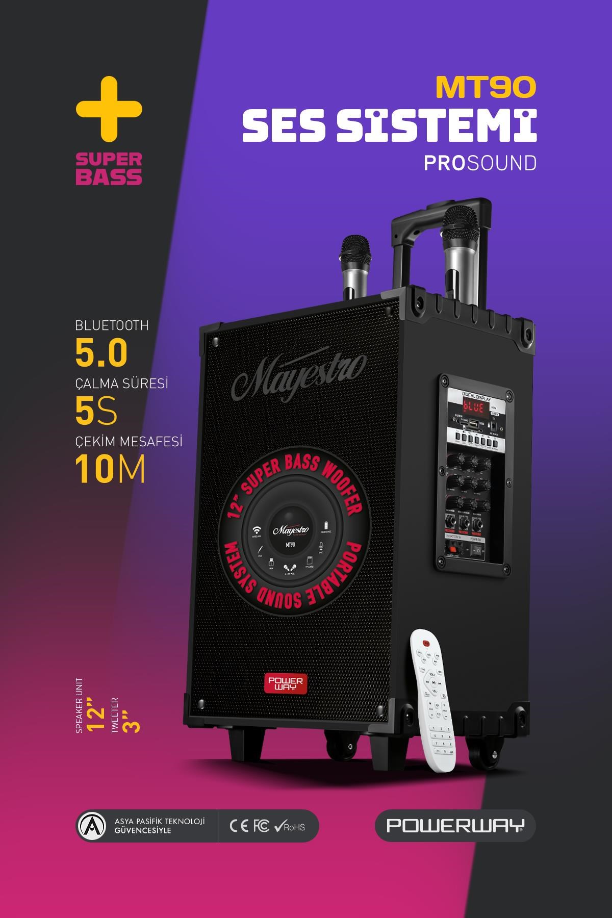 Powerway Şarjlı Çift Mikrofonlu Hoparlör Karaoke Sistemi Taşınabilir Amfi MT90 Bluetooth Hoparlör