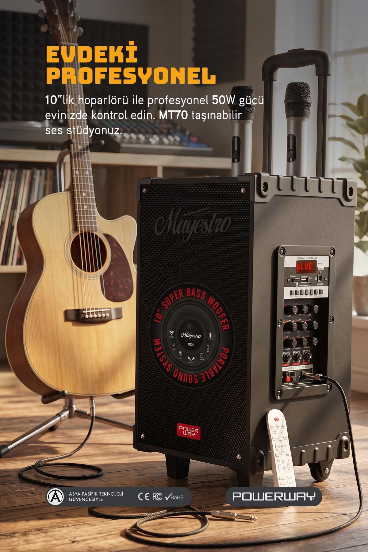 Powerway Şarjlı Çift Mikrofonlu Hoparlör Karaoke Sistemi Taşınabilir Amfi MT70 Bluetooth Hoparlör