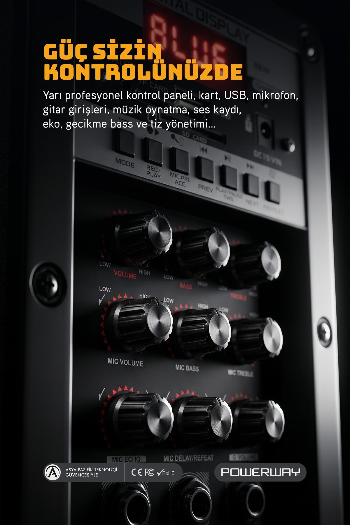 Powerway Şarjlı Çift Mikrofonlu Hoparlör Karaoke Sistemi Taşınabilir Amfi MT90 Bluetooth Hoparlör
