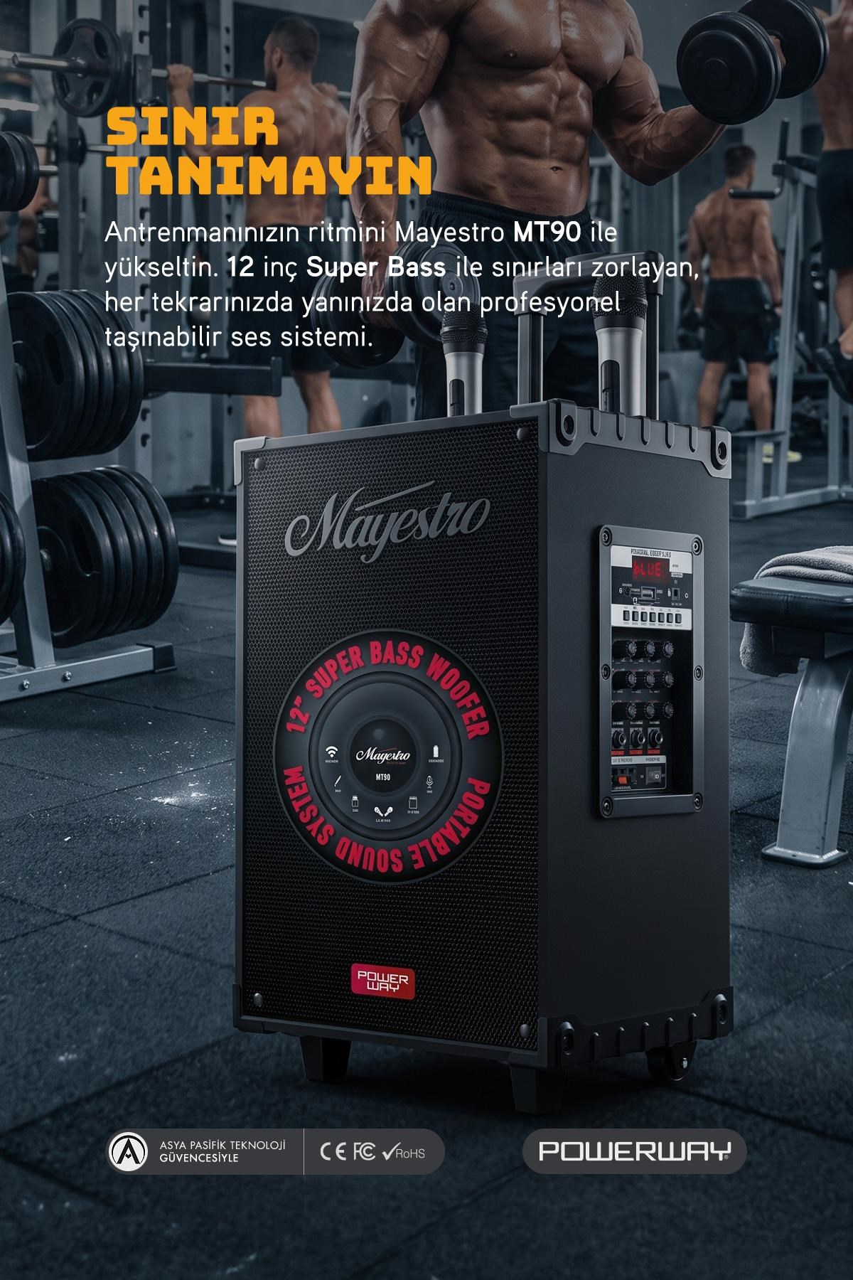 Powerway Şarjlı Çift Mikrofonlu Hoparlör Karaoke Sistemi Taşınabilir Amfi MT90 Bluetooth Hoparlör