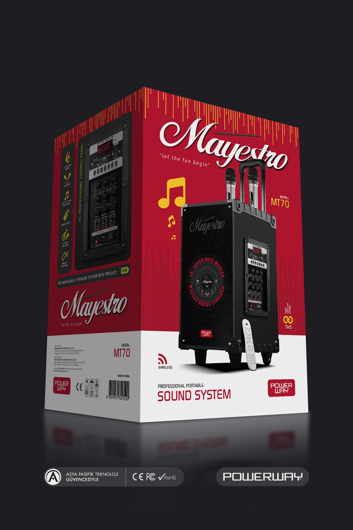 Powerway Şarjlı Çift Mikrofonlu Hoparlör Karaoke Sistemi Taşınabilir Amfi MT70 Bluetooth Hoparlör