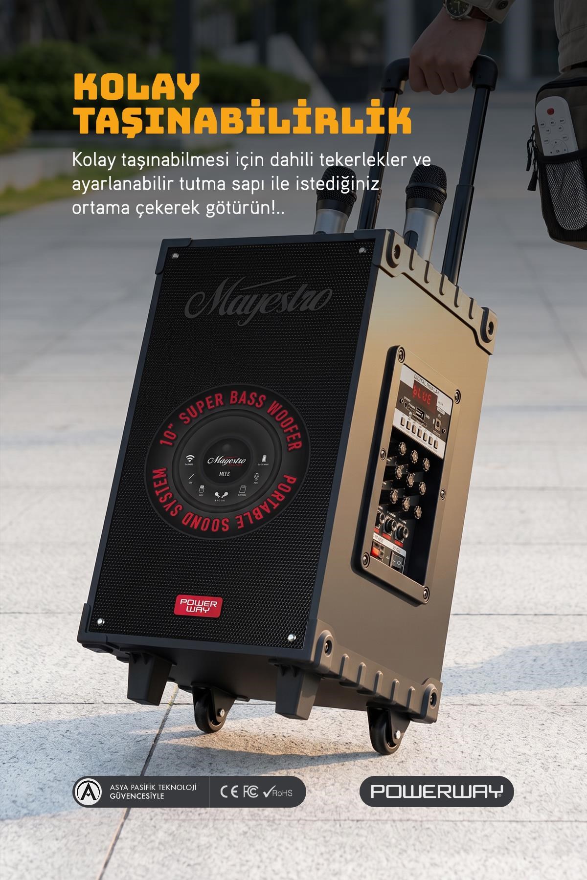Powerway Şarjlı Çift Mikrofonlu Hoparlör Karaoke Sistemi Taşınabilir Amfi MT70 Bluetooth Hoparlör