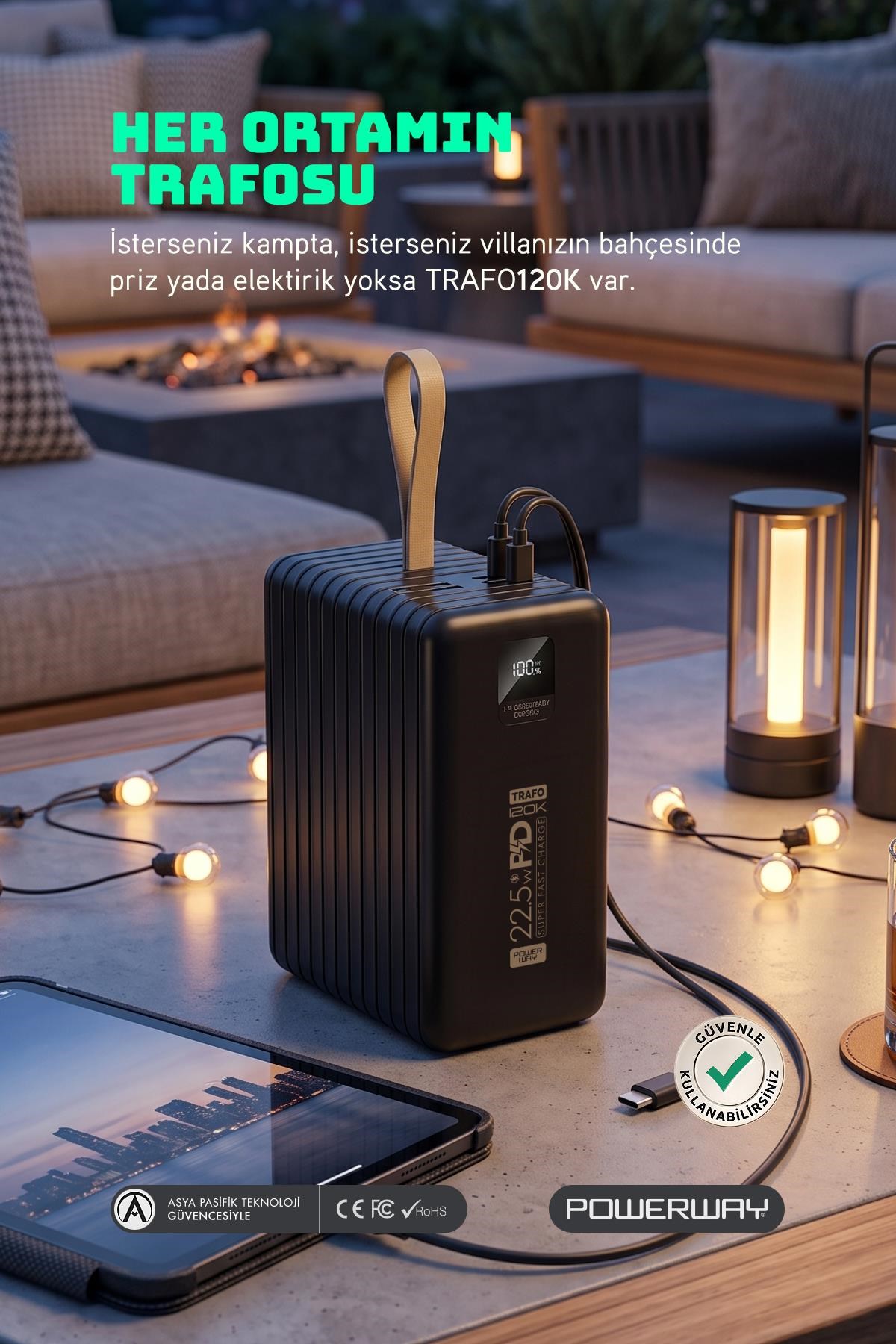 Powerway TRAFO120 Siyah 120.000 Mah PD 22.5W Dahili Kablolu Hızlı Şarj Işıklı Powerbank