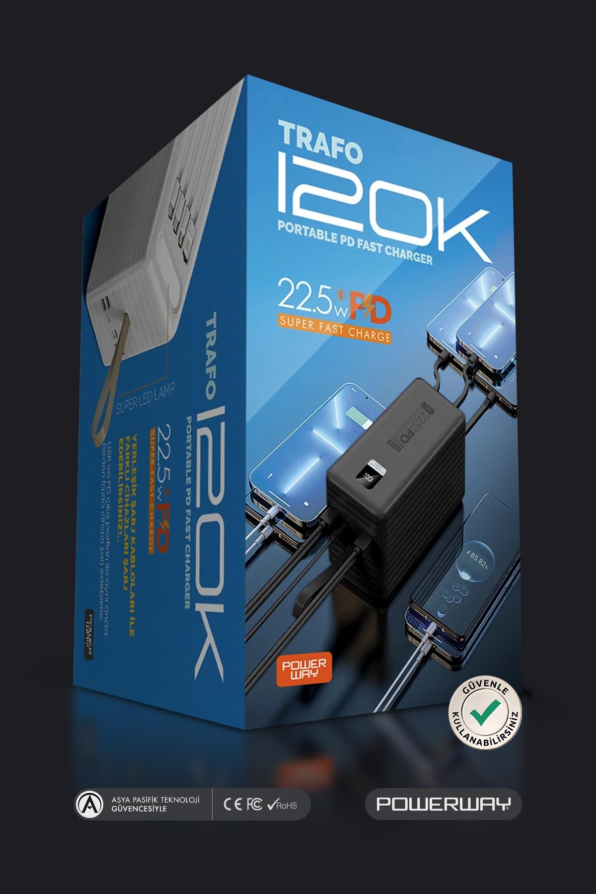 Powerway TRAFO120 Siyah 120.000 Mah PD 22.5W Dahili Kablolu Hızlı Şarj Işıklı Powerbank