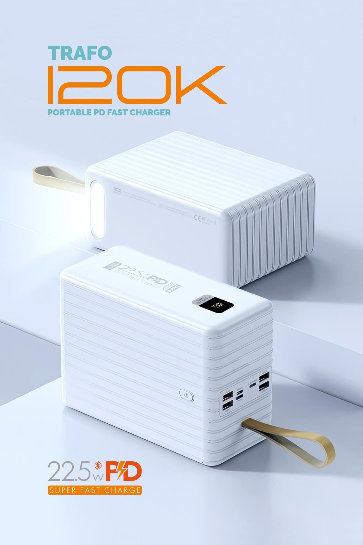 Powerway TRAFO120 Siyah 120.000 Mah PD 22.5W Dahili Kablolu Hızlı Şarj Işıklı Powerbank