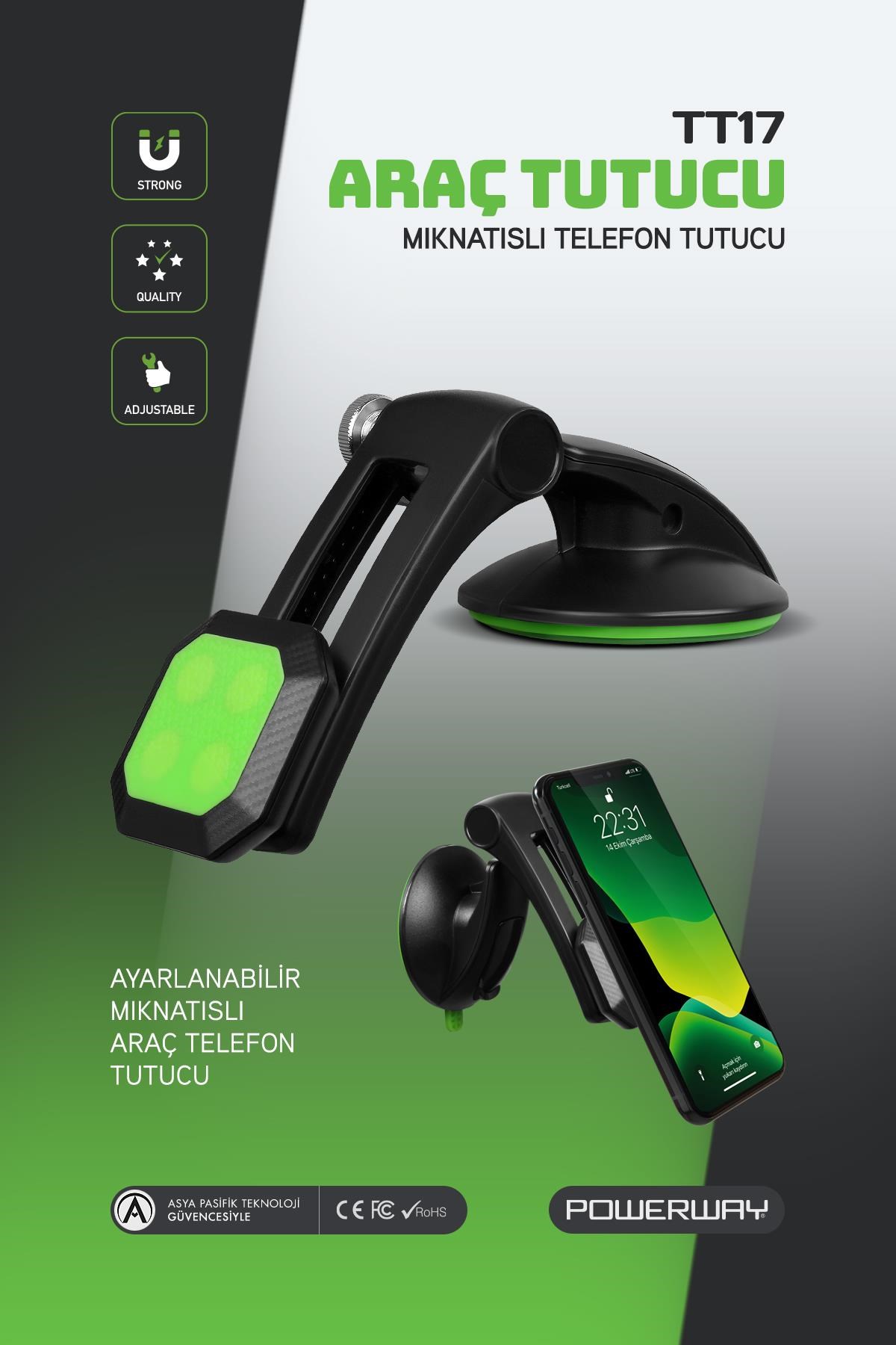 Powerway TT17 Araç İçi Oynar Başlıklı Mıknatıslı Vantuslu Telefon Tutucu