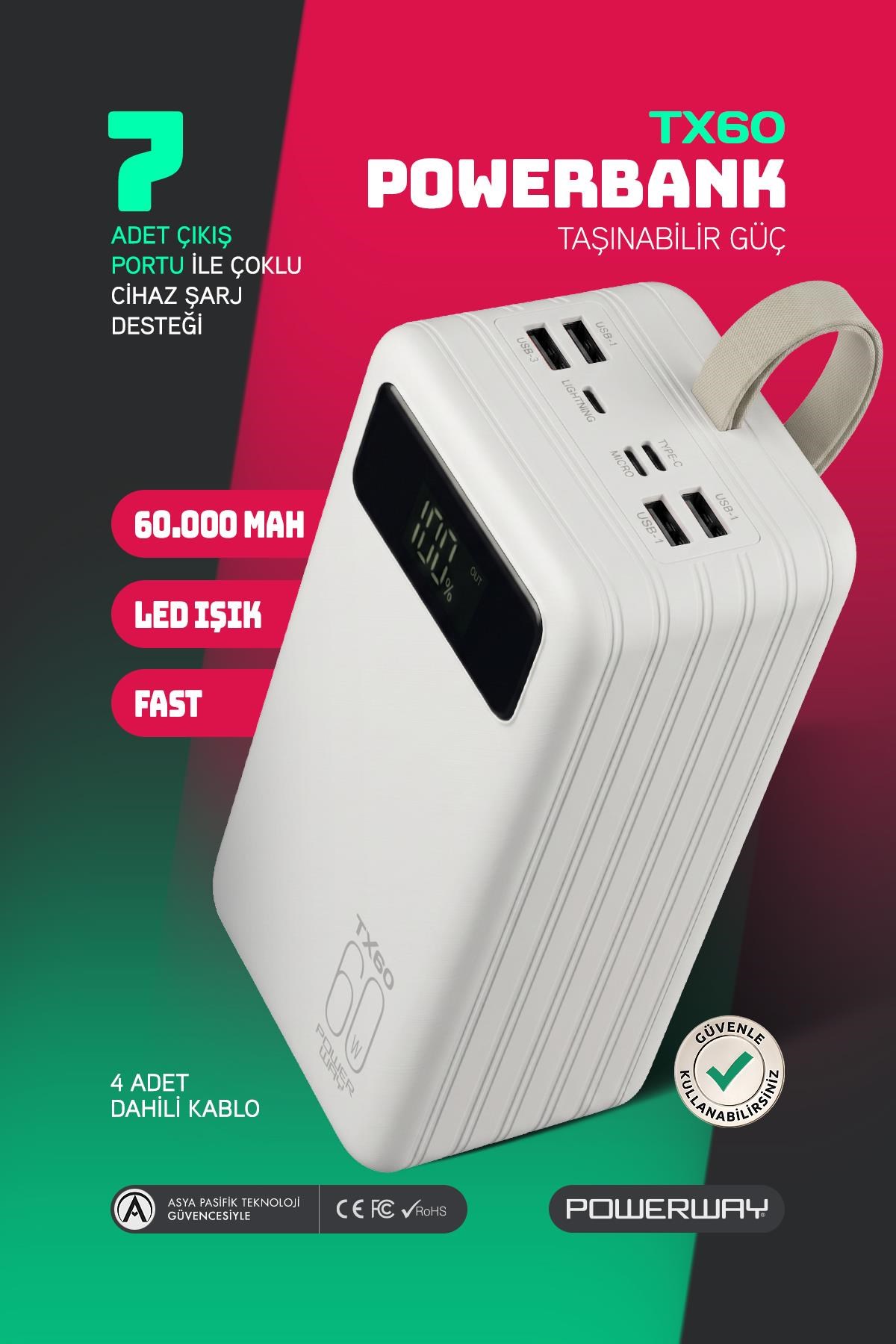 Powerway TX60 Beyaz 60.000 mAh Çoklu Çıkış Dijital Göstergeli Ekstra Kablolu Powerbank
