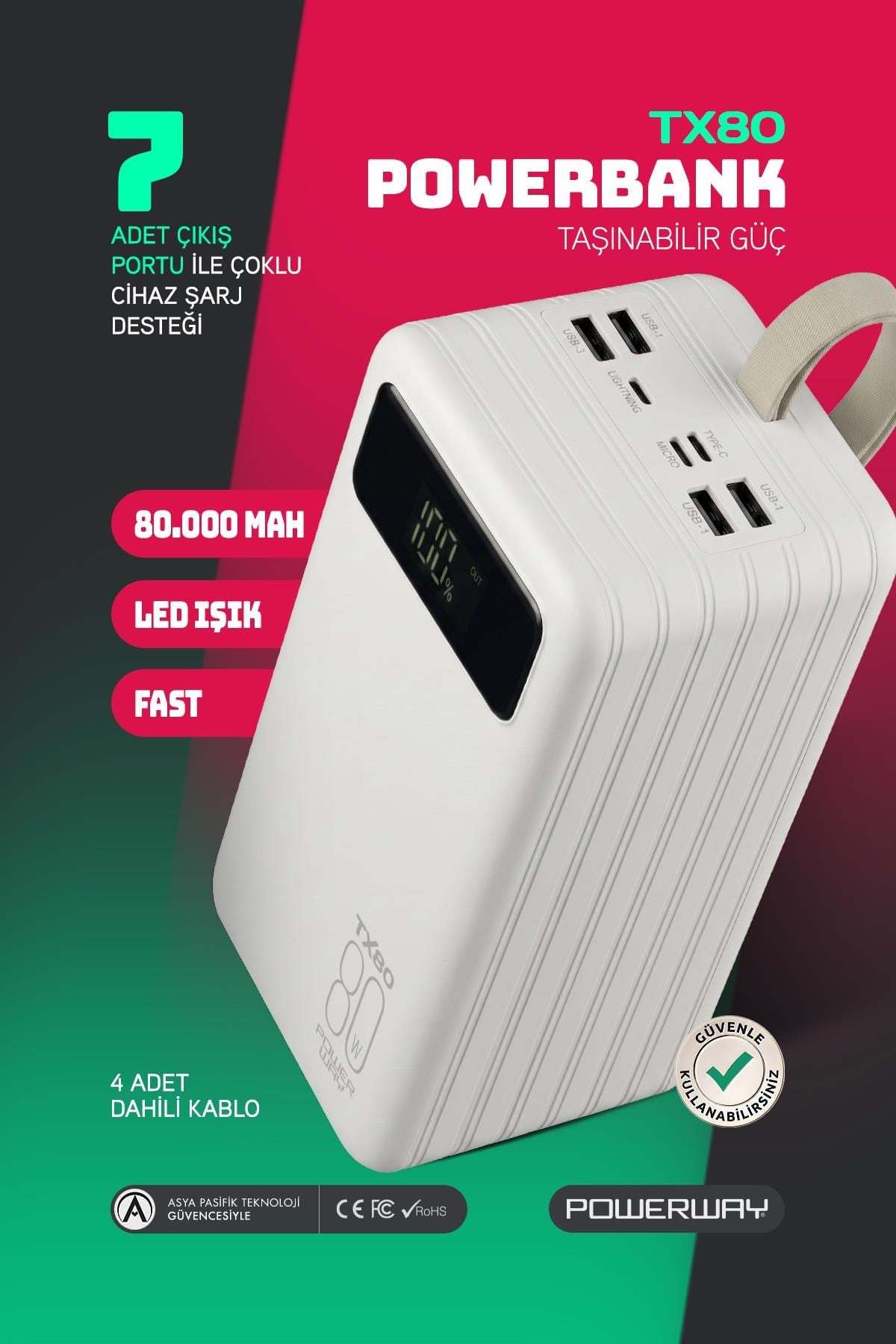 Powerway TX80 Beyaz 80.000 mAh Çoklu Çıkış Dijital Göstergeli Ekstra Kablolu Powerbank