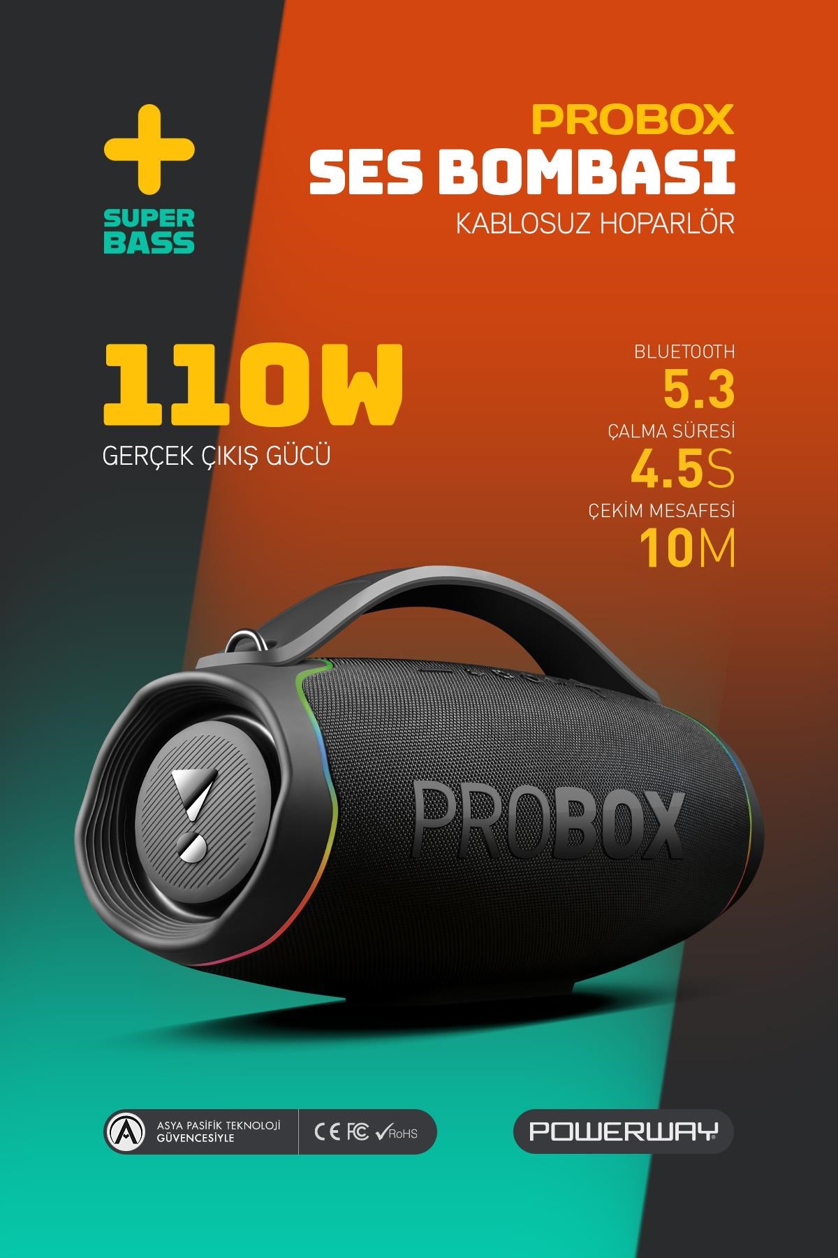 Probox 110W Güç Usb Hafıza Kartı Aux Fm Led Işıklı Bluetooth Hoparlör Hi-Fi Ses Bombası