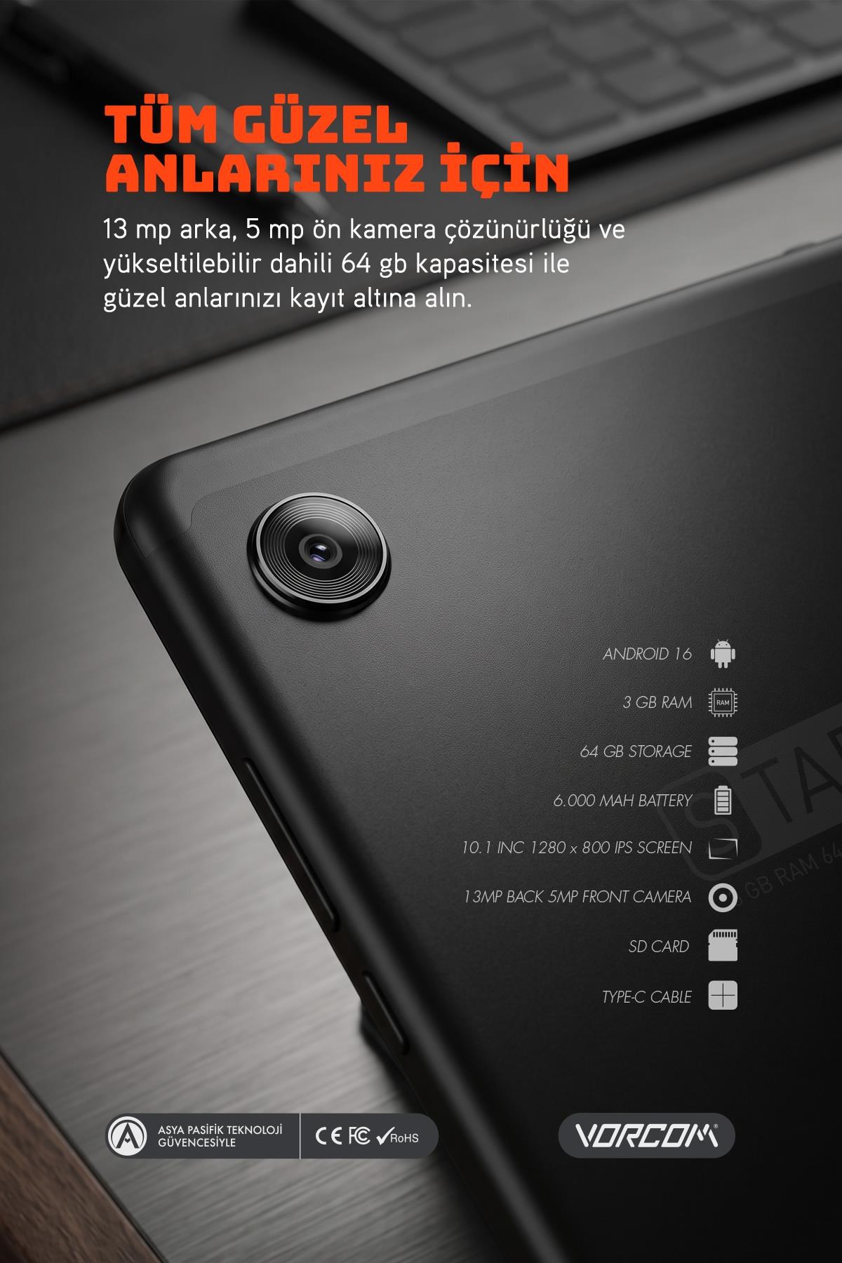 Vorcom STAB7 Siyah 10.1 Inc 3 GB Ram 64 GB Hafıza 8 Çekirdek İşlemcili Tablet