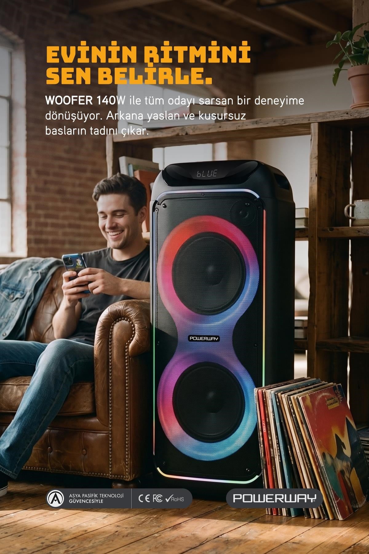 WOOFER 140W Hoparlör Gitar Saz Girişli Karaoke Parti Ses Sistemi Dijital Ekran +Bass