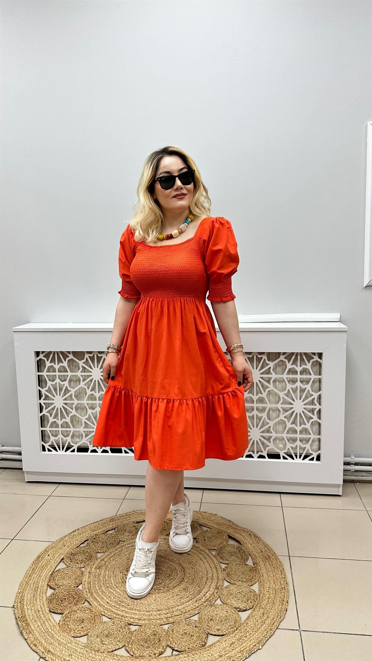 Balon Kol Altı Volanlı Poplin Elbise Orange