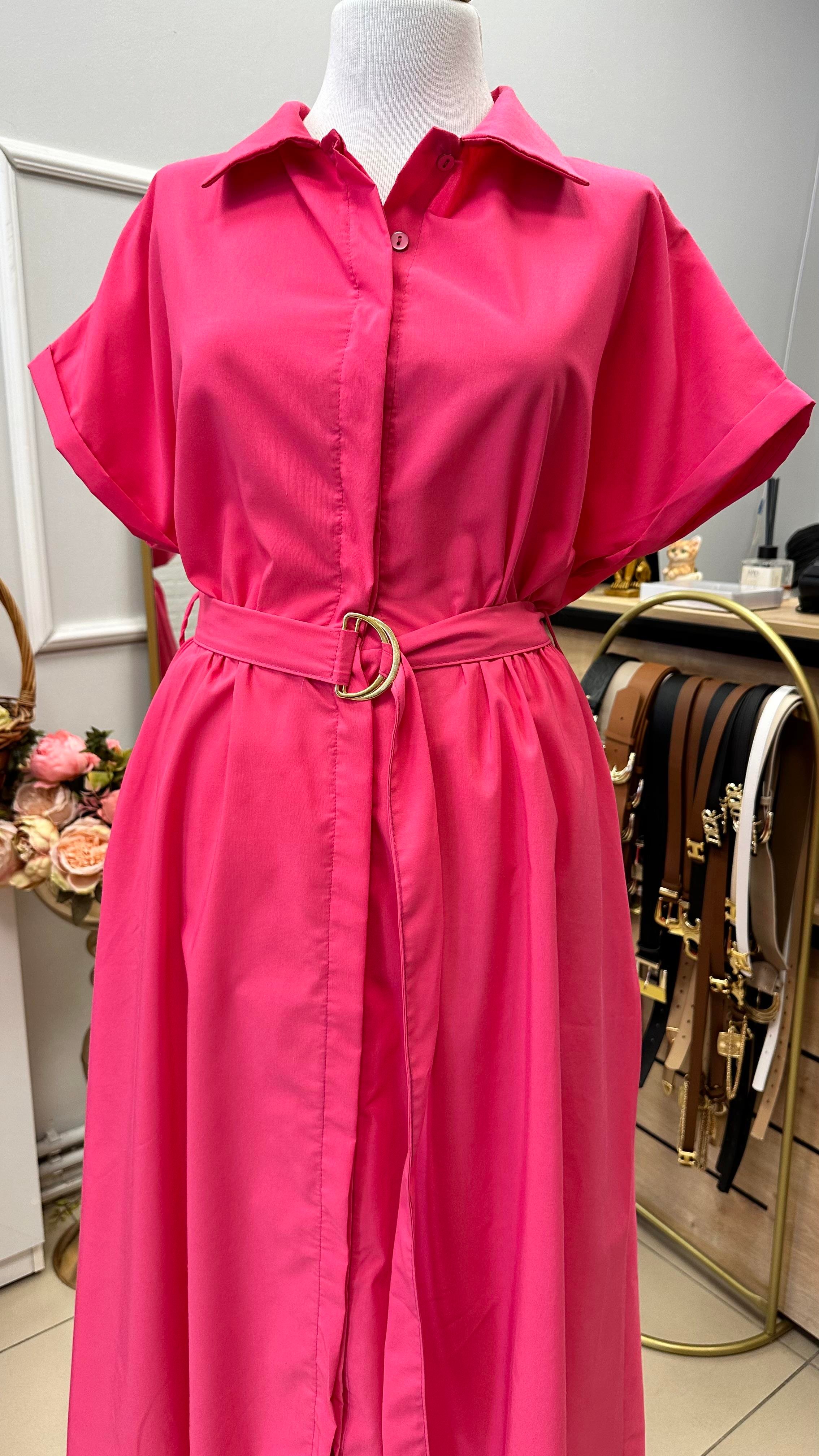 BELDEN KEMERLİ YANDAN CEPLİ POPLİN ELBİSE PEMBE