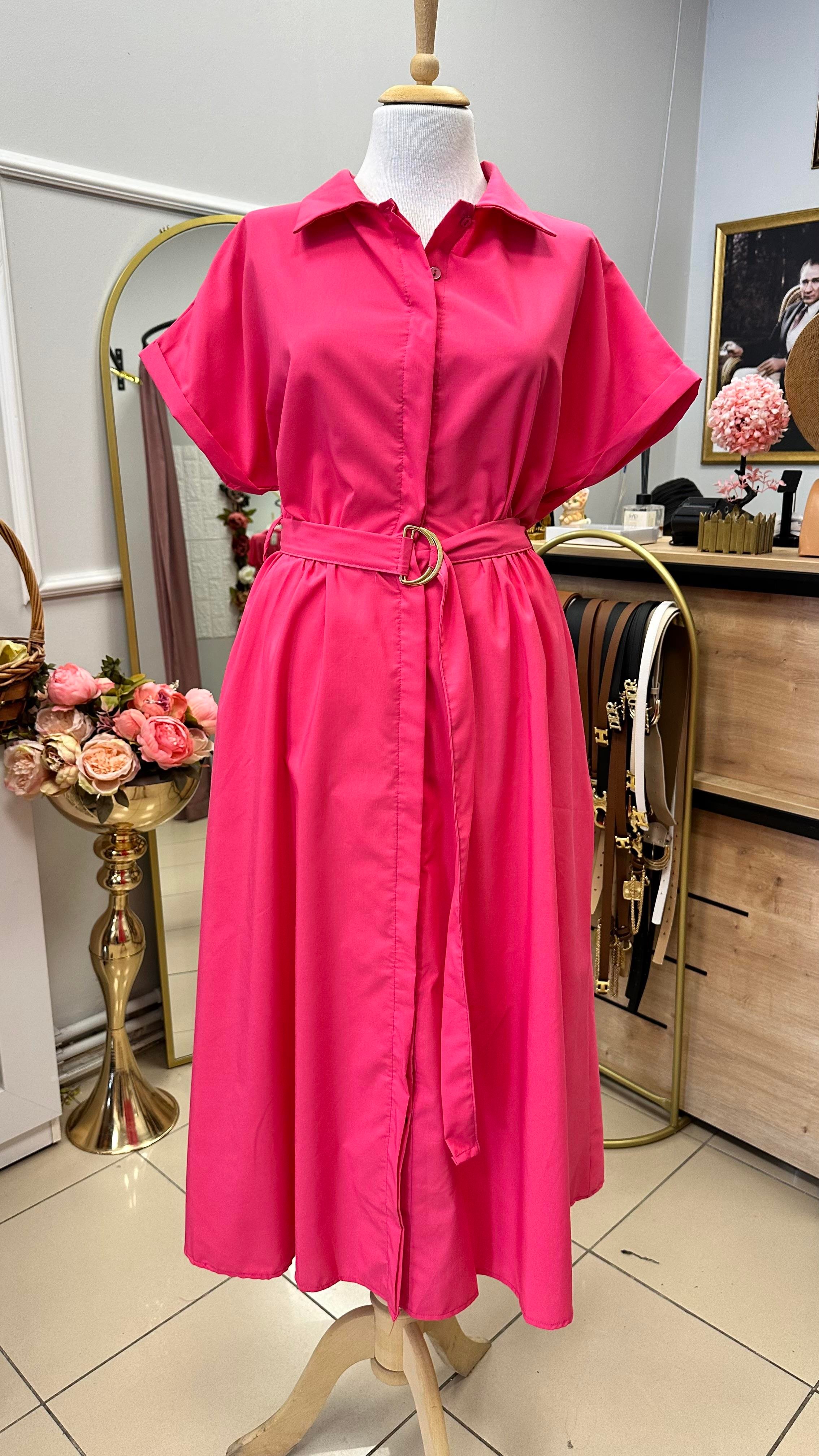BELDEN KEMERLİ YANDAN CEPLİ POPLİN ELBİSE PEMBE