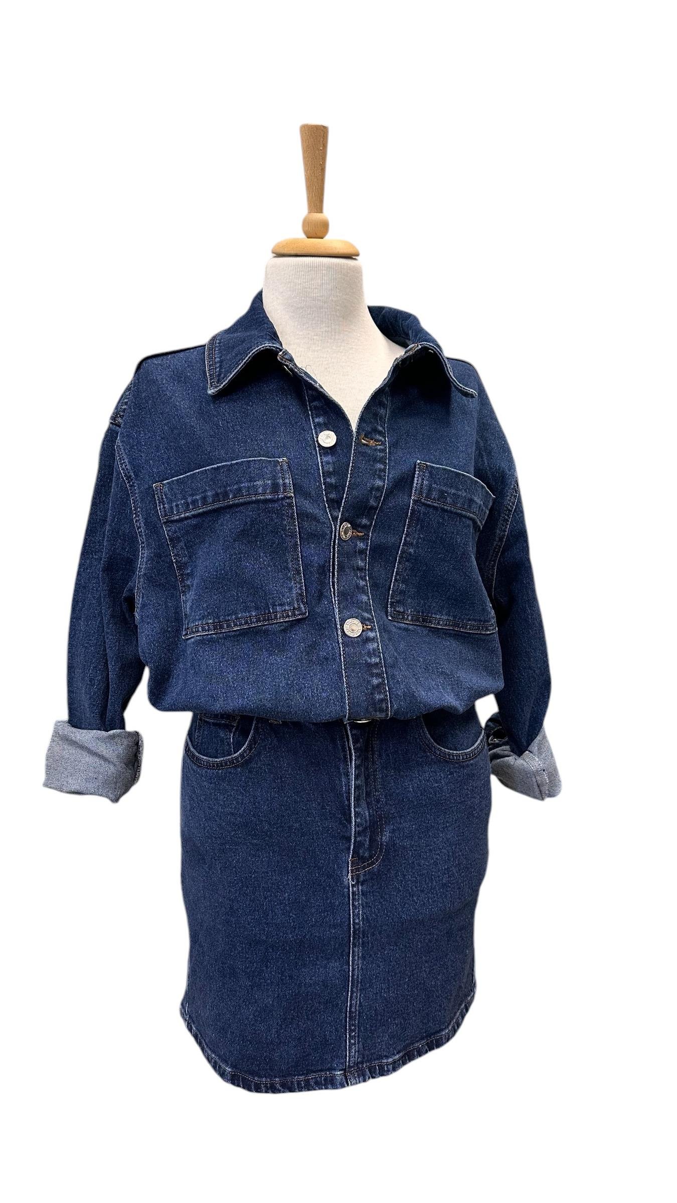 BELİ LASTİKLİ  DİZ ÜSTÜ JEAN ELBİSE