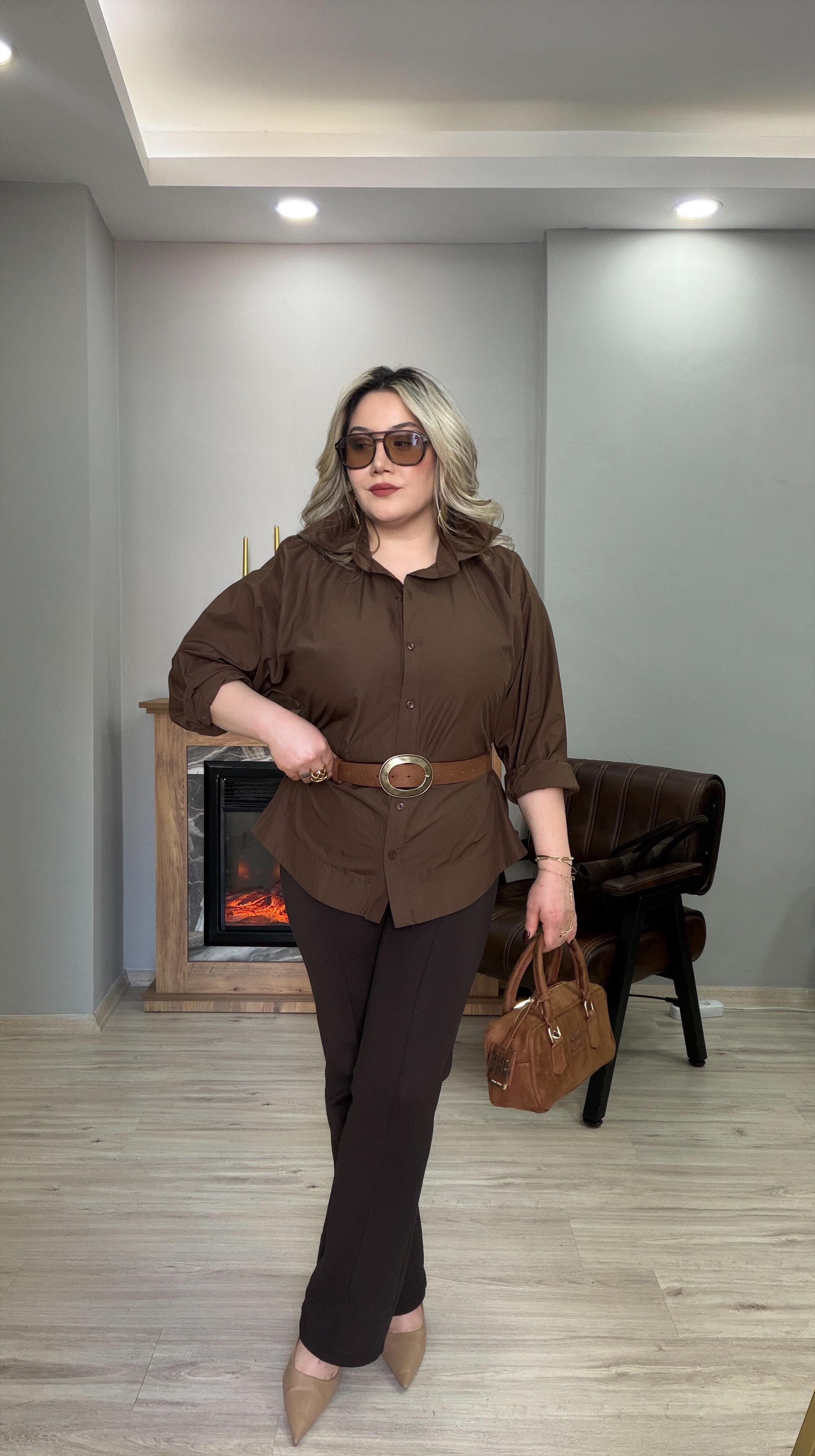BELİ LASTİKLİ POPLİN GÖMLEK KAHVE