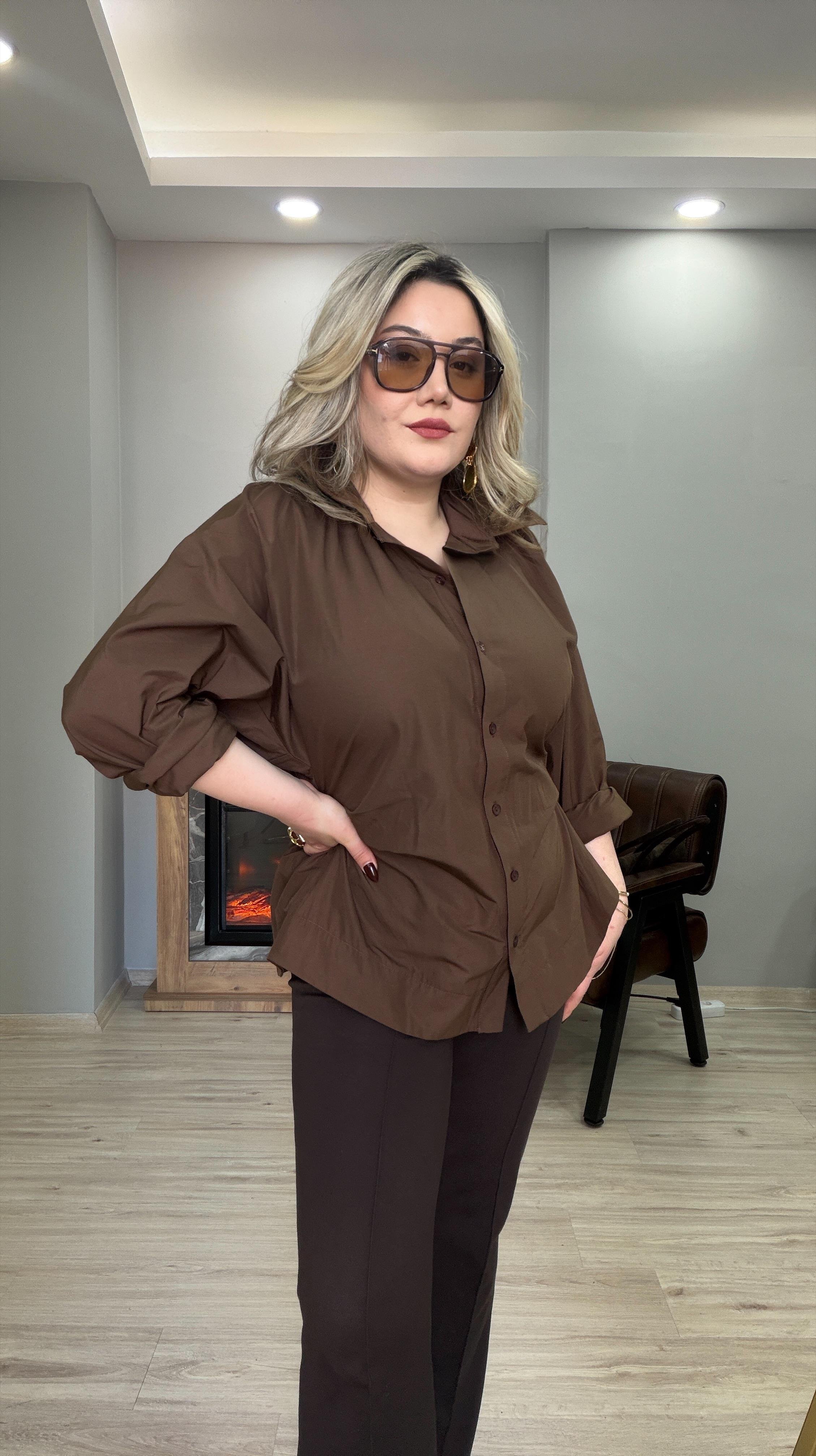BELİ LASTİKLİ POPLİN GÖMLEK KAHVE