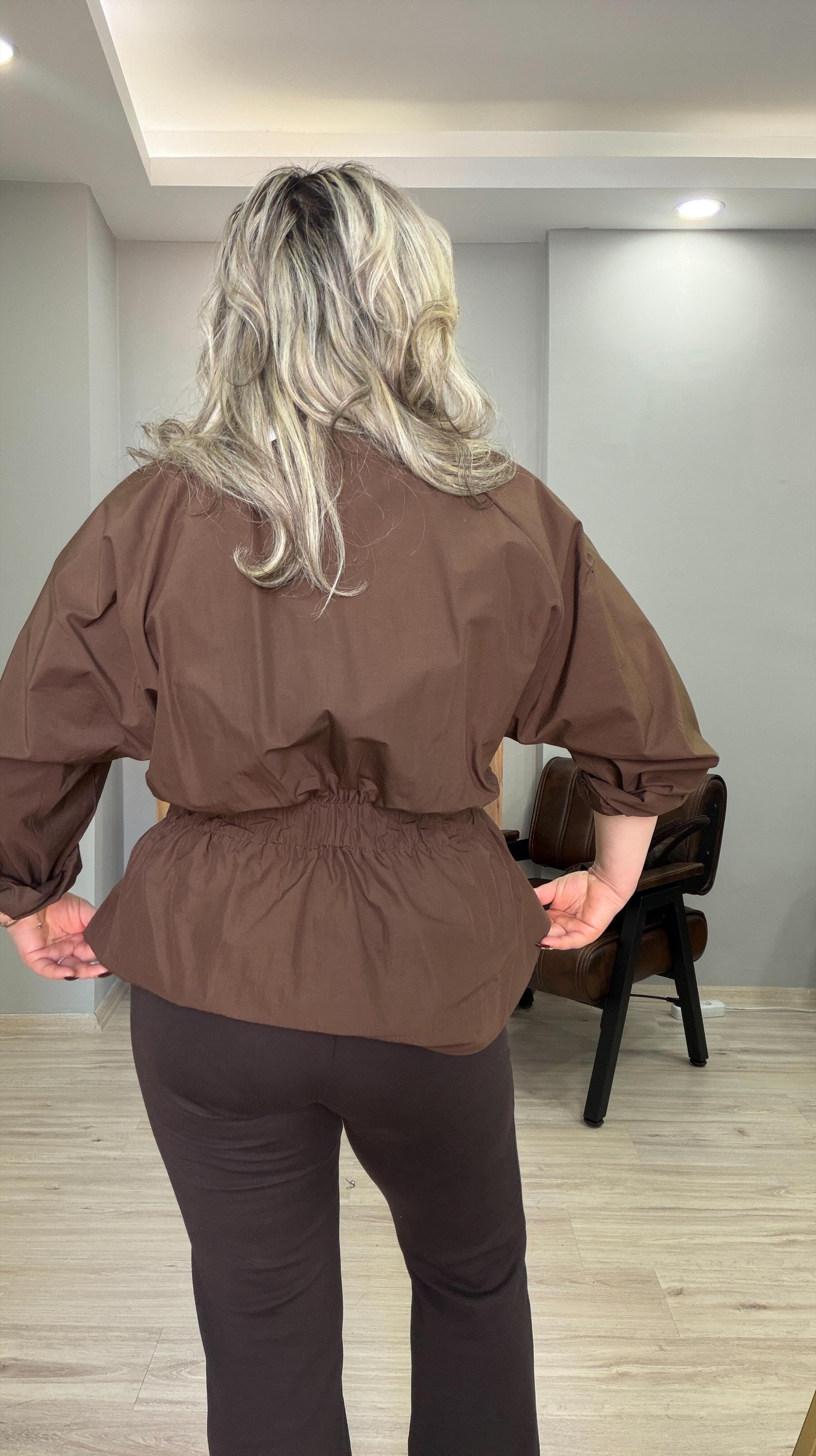 BELİ LASTİKLİ POPLİN GÖMLEK KAHVE