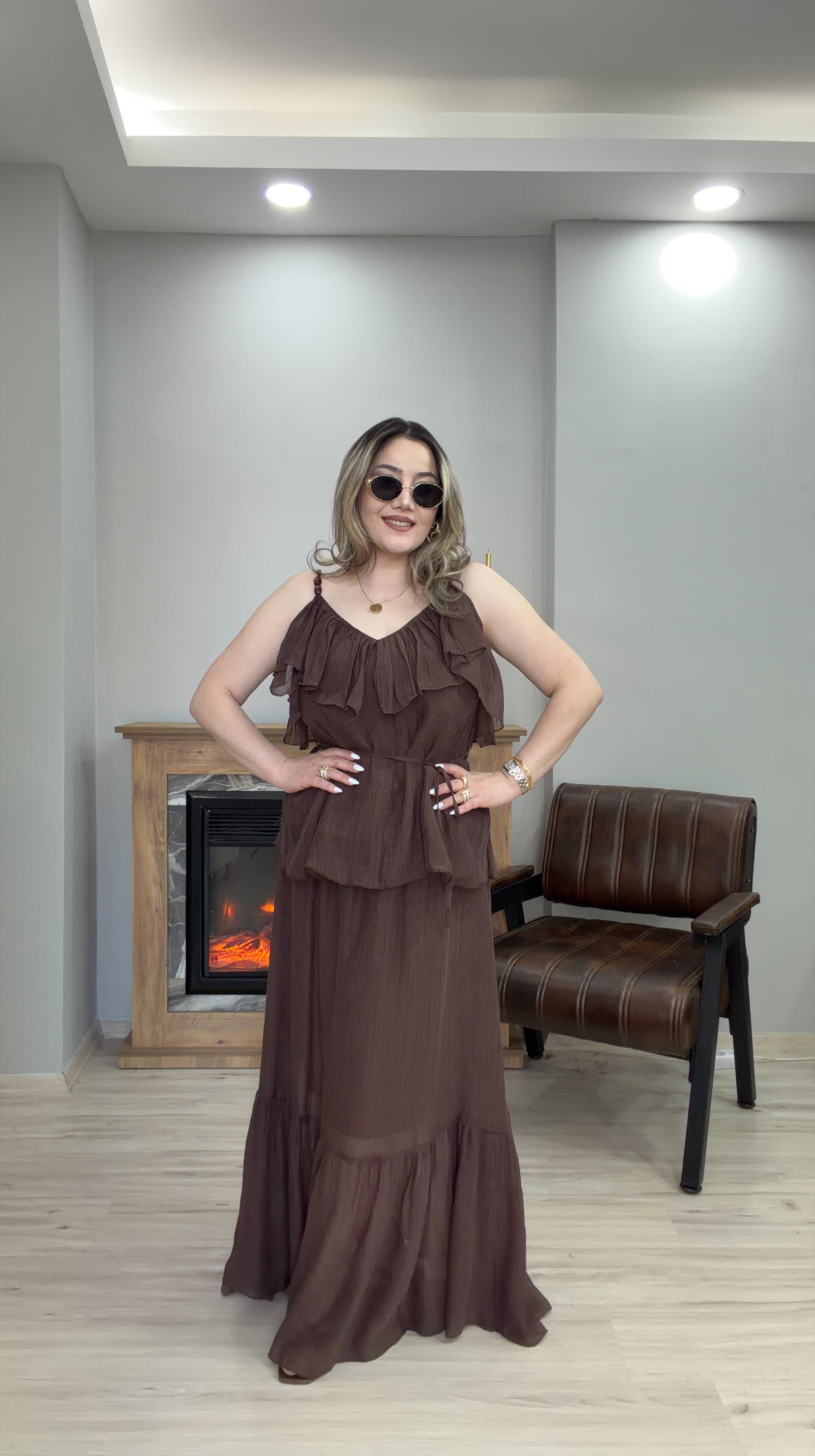 BELİ LASTİKLİ TENSEL ETEK KAHVE