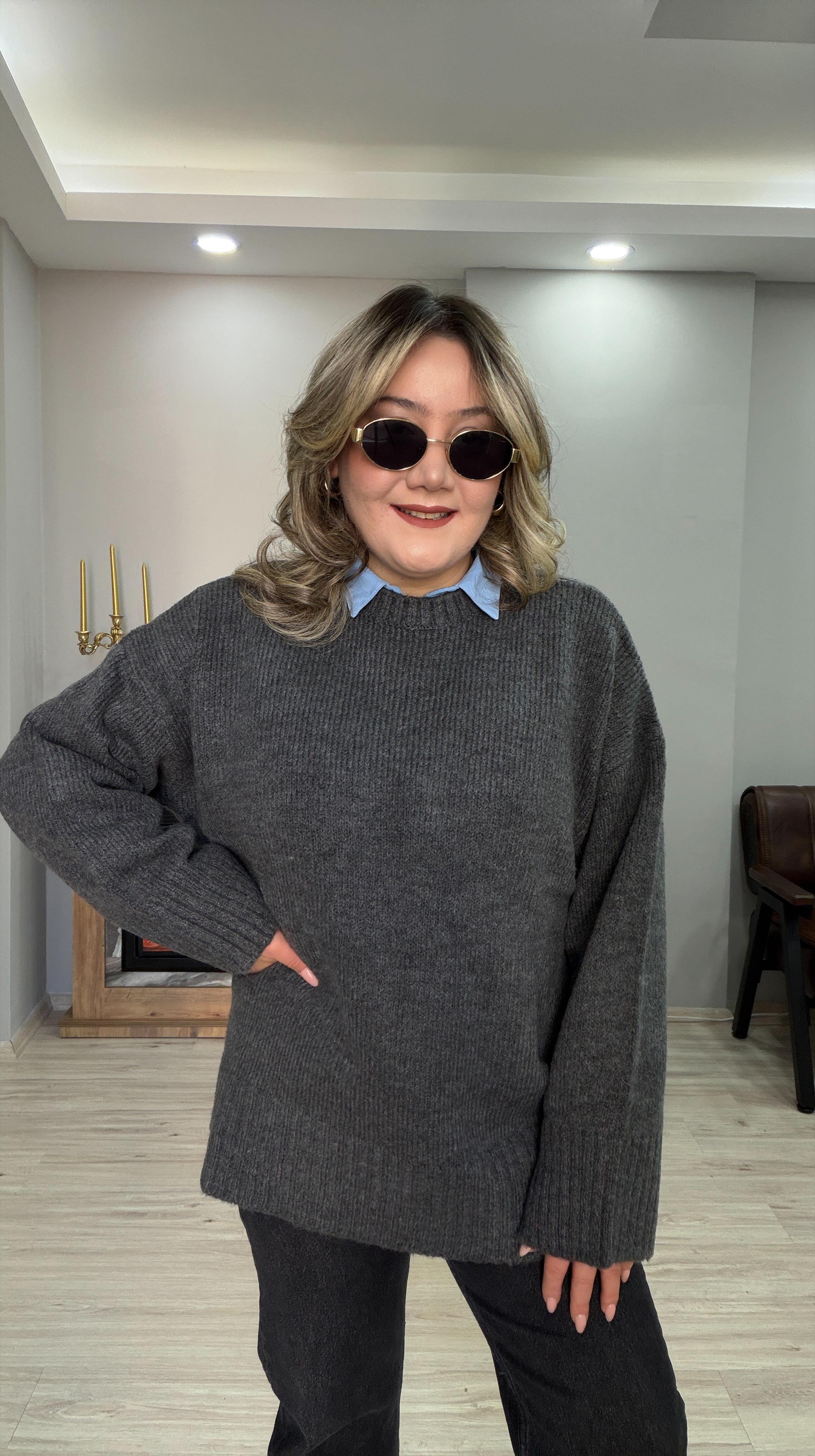 BİSİKLET YAKA CASUAL KAZAK ANTRASİT