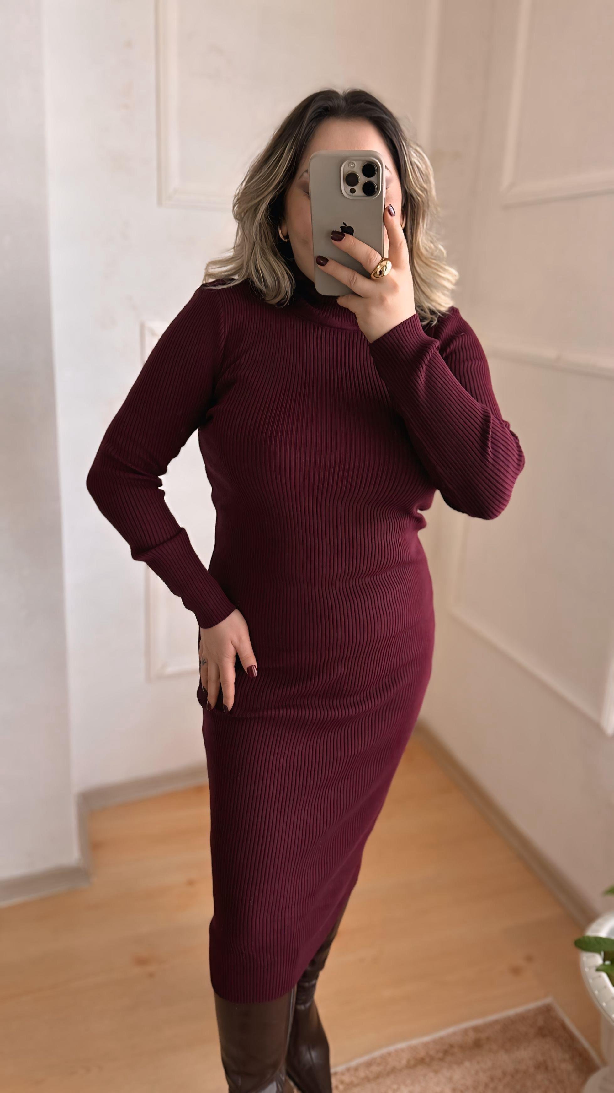 BOĞAZLI TRİKO ELBİSE BORDO