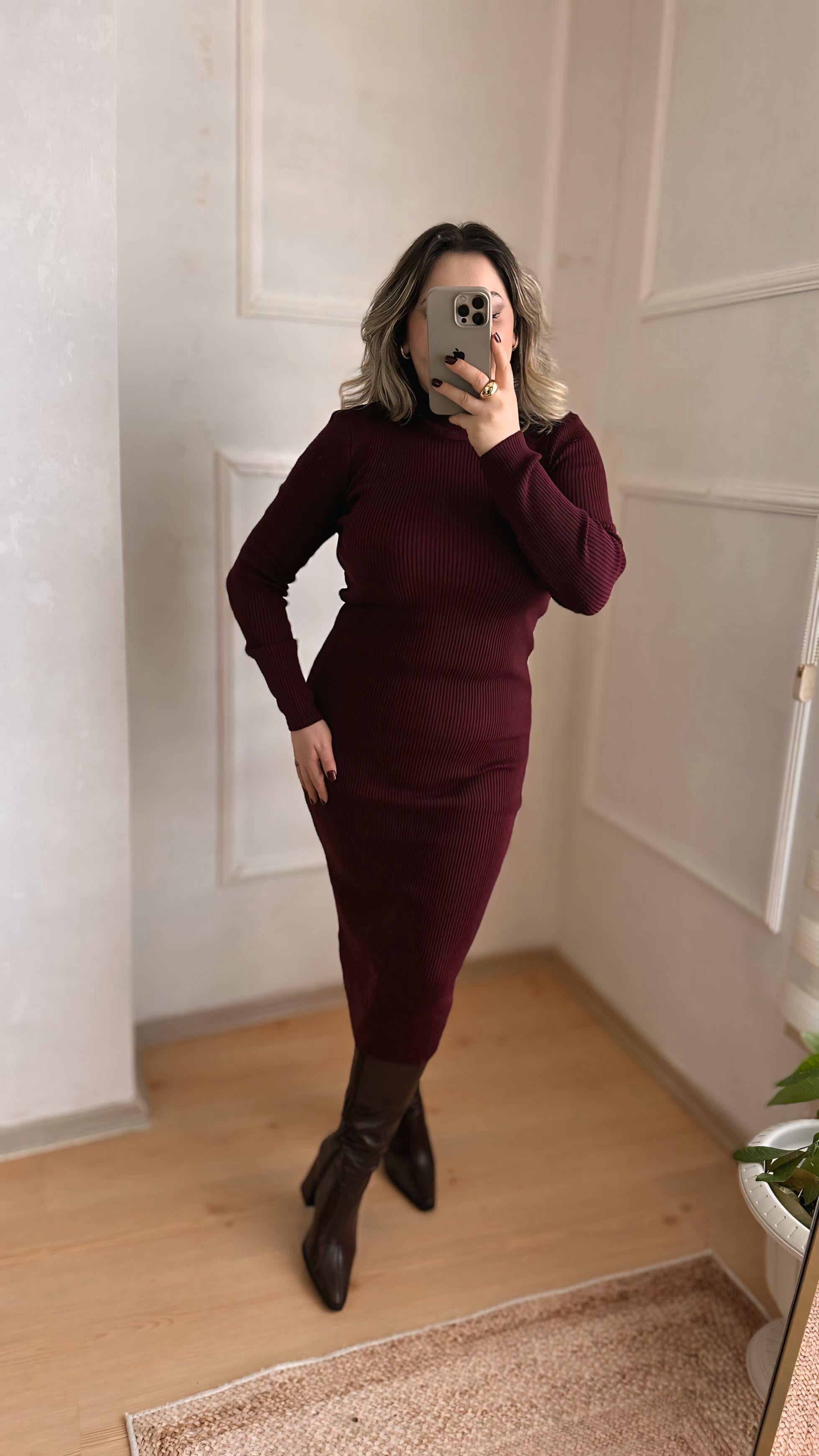 BOĞAZLI TRİKO ELBİSE BORDO