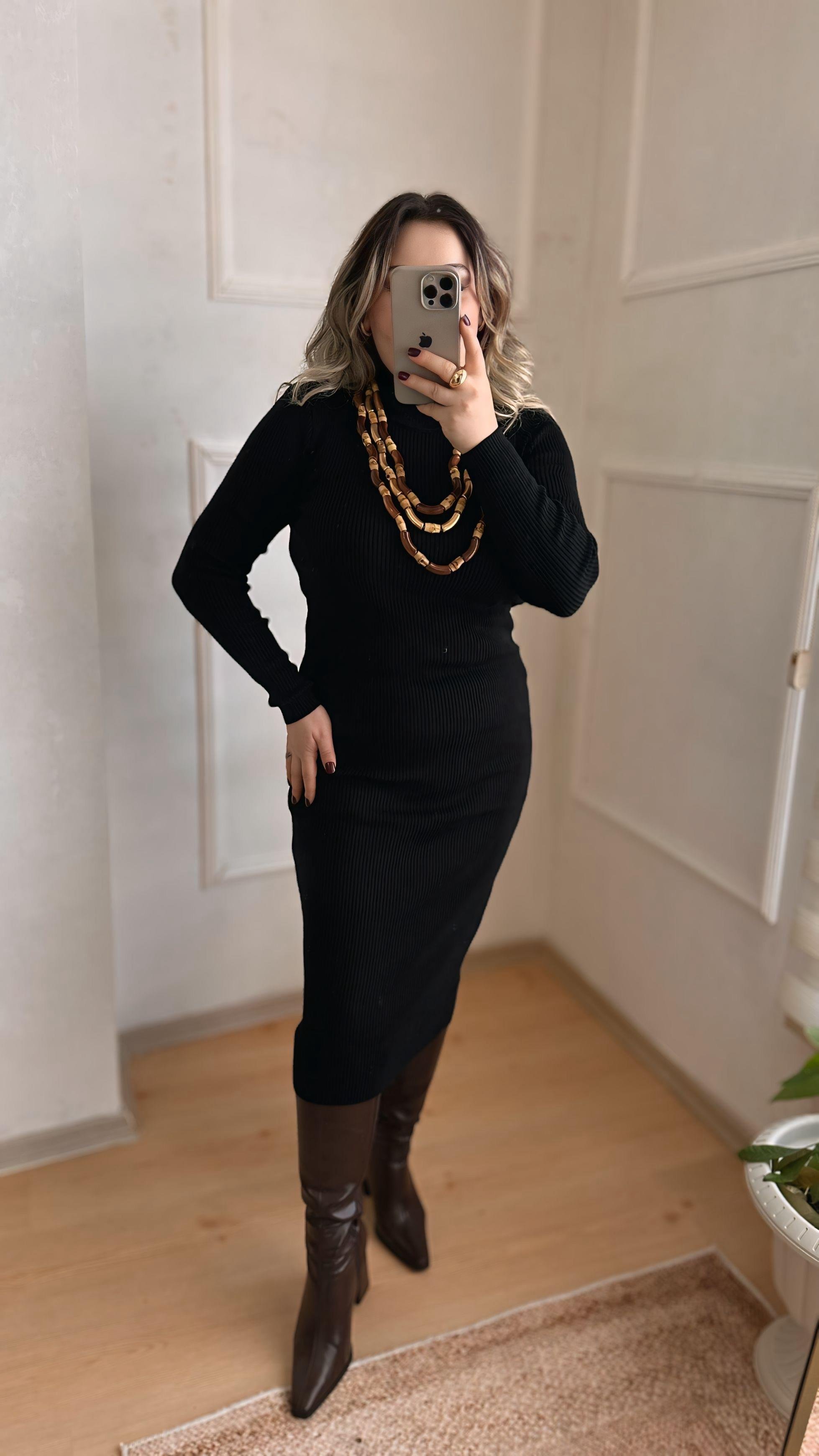 BOĞAZLI TRİKO ELBİSE SİYAH