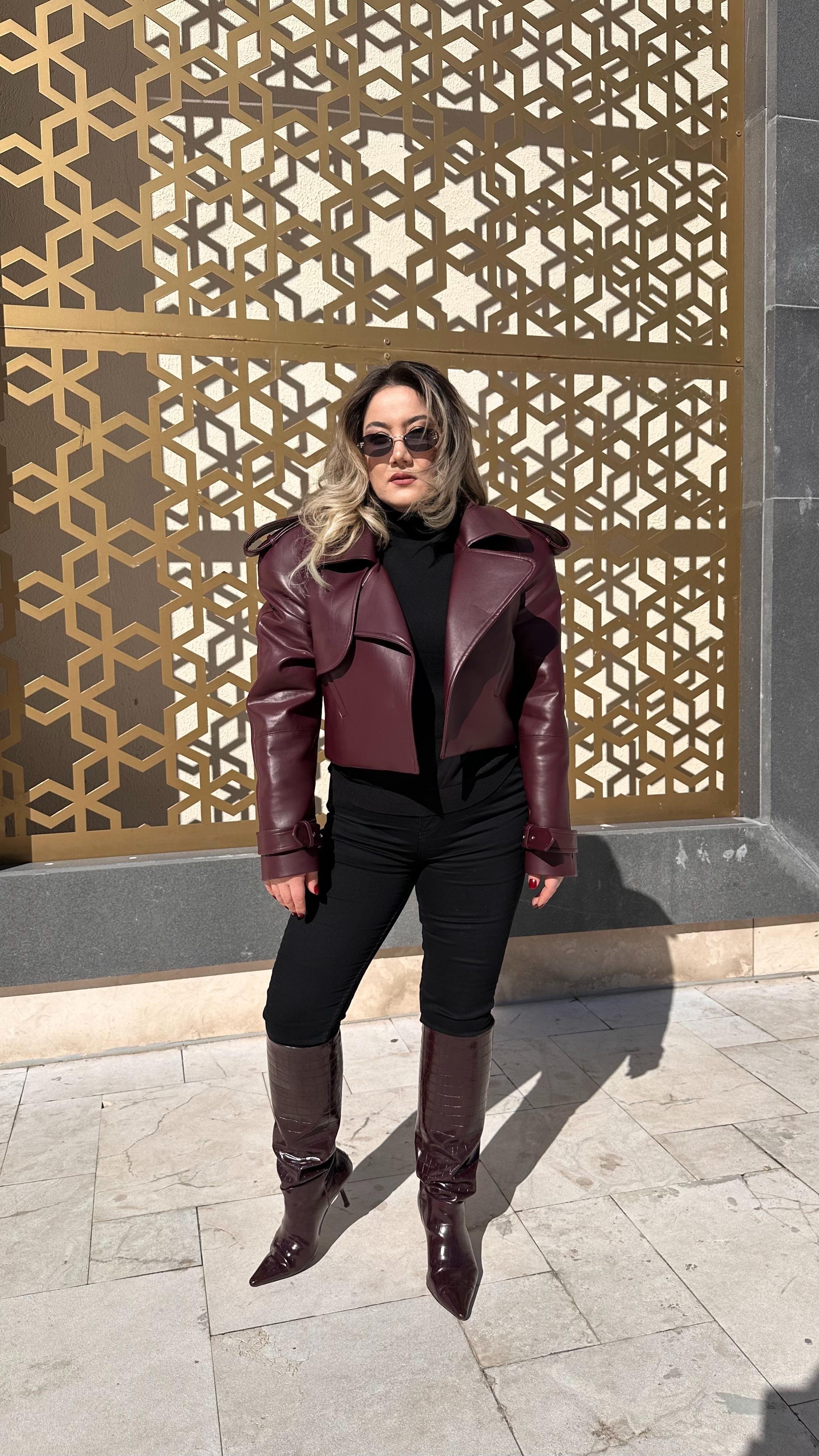 BORDO VATKALI DERİ CEKET