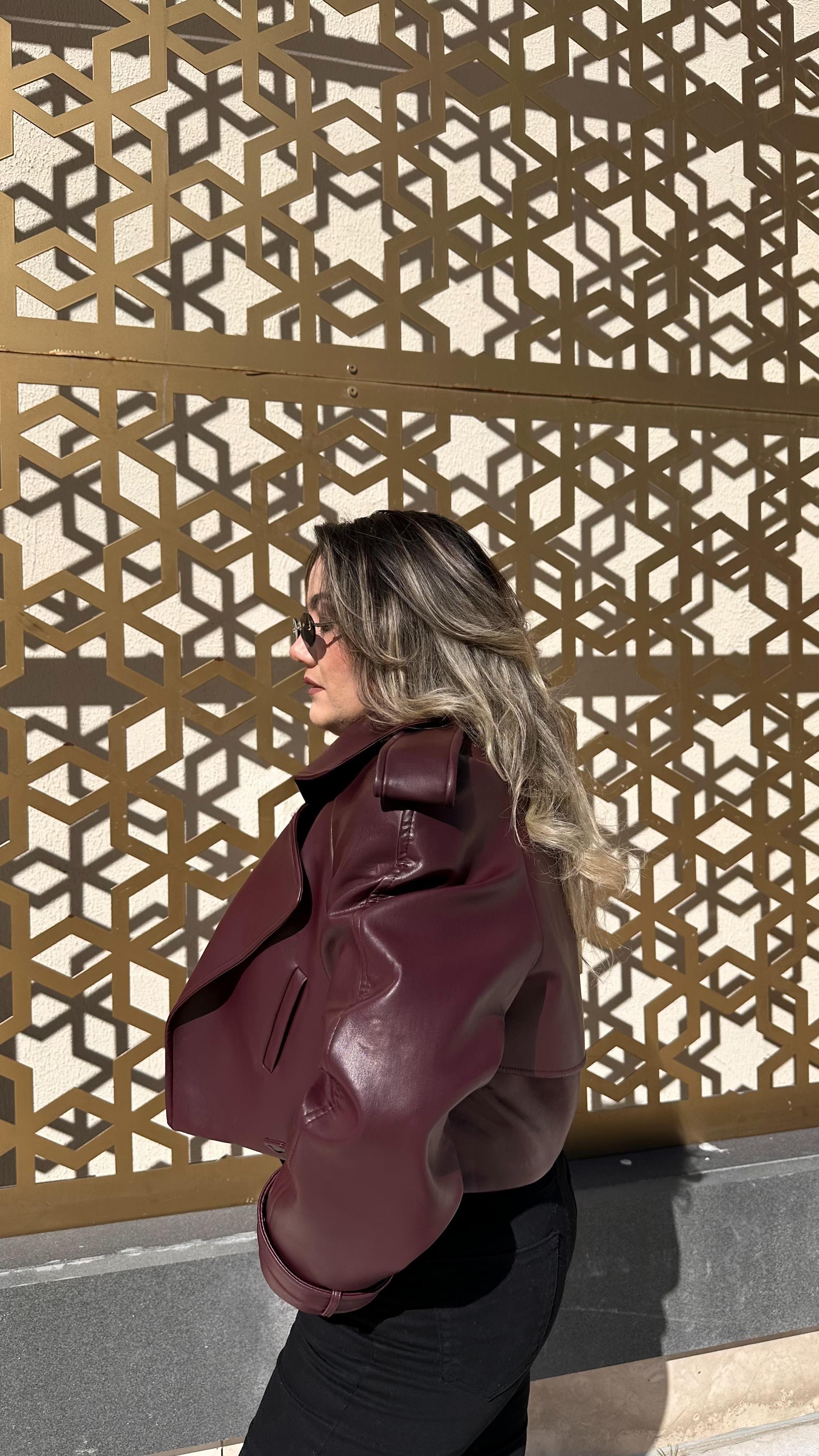 BORDO VATKALI DERİ CEKET