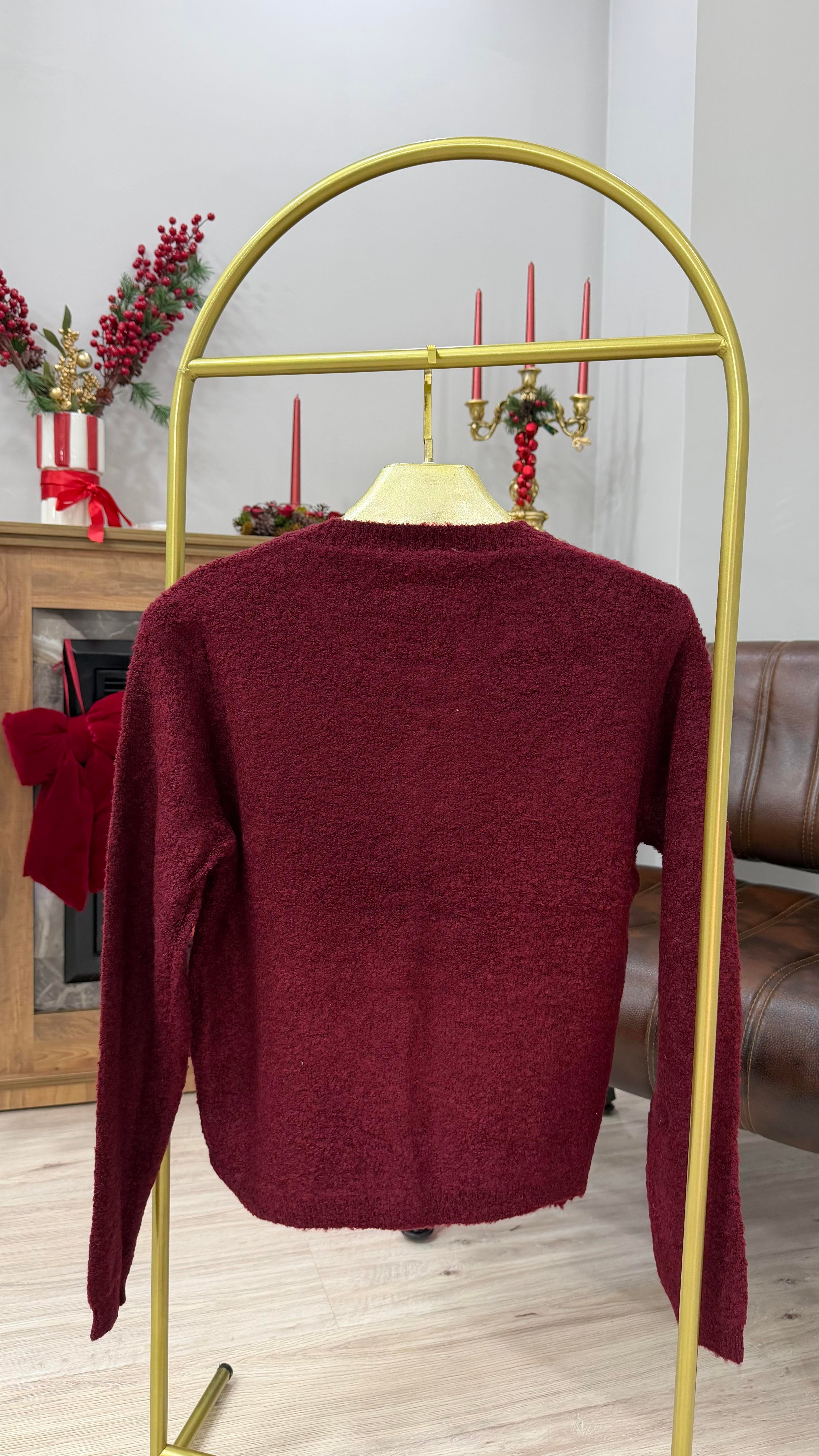 Broş Detaylı Buklet Hırka Bordo