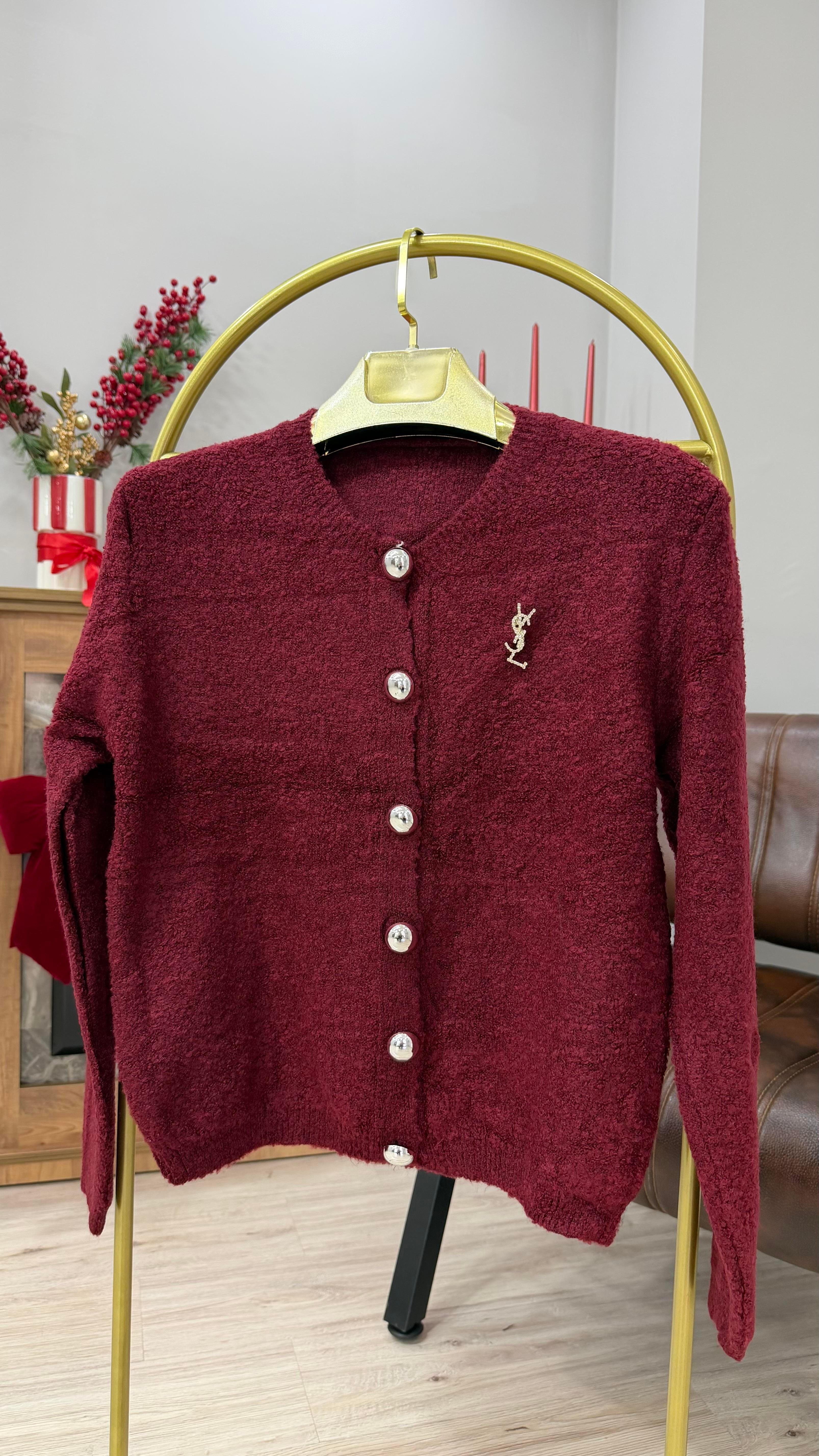 Broş Detaylı Buklet Hırka Bordo