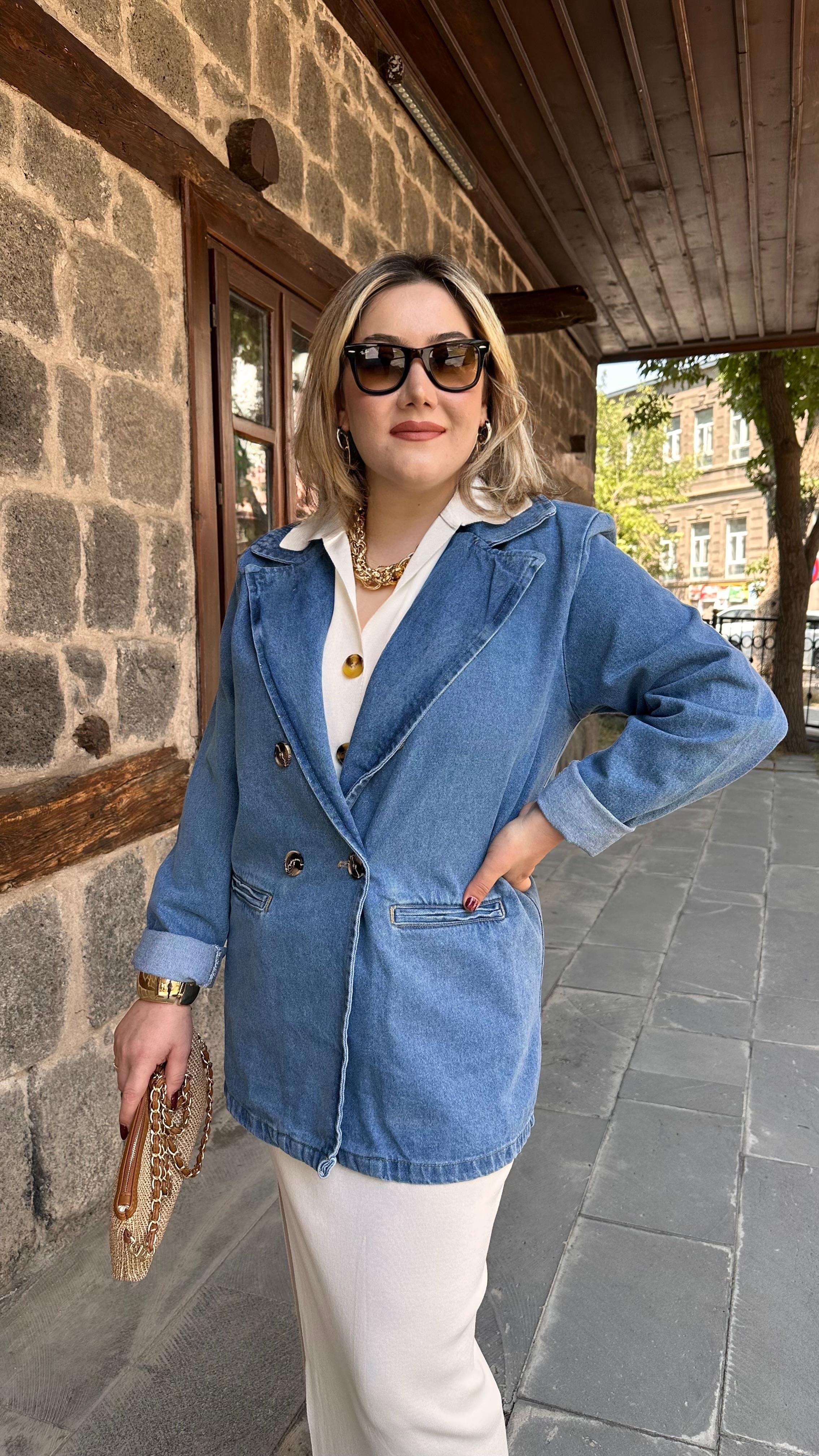 BUZ MAVİ ÇİFT DÜĞMELİ JEAN BLAZER CEKET