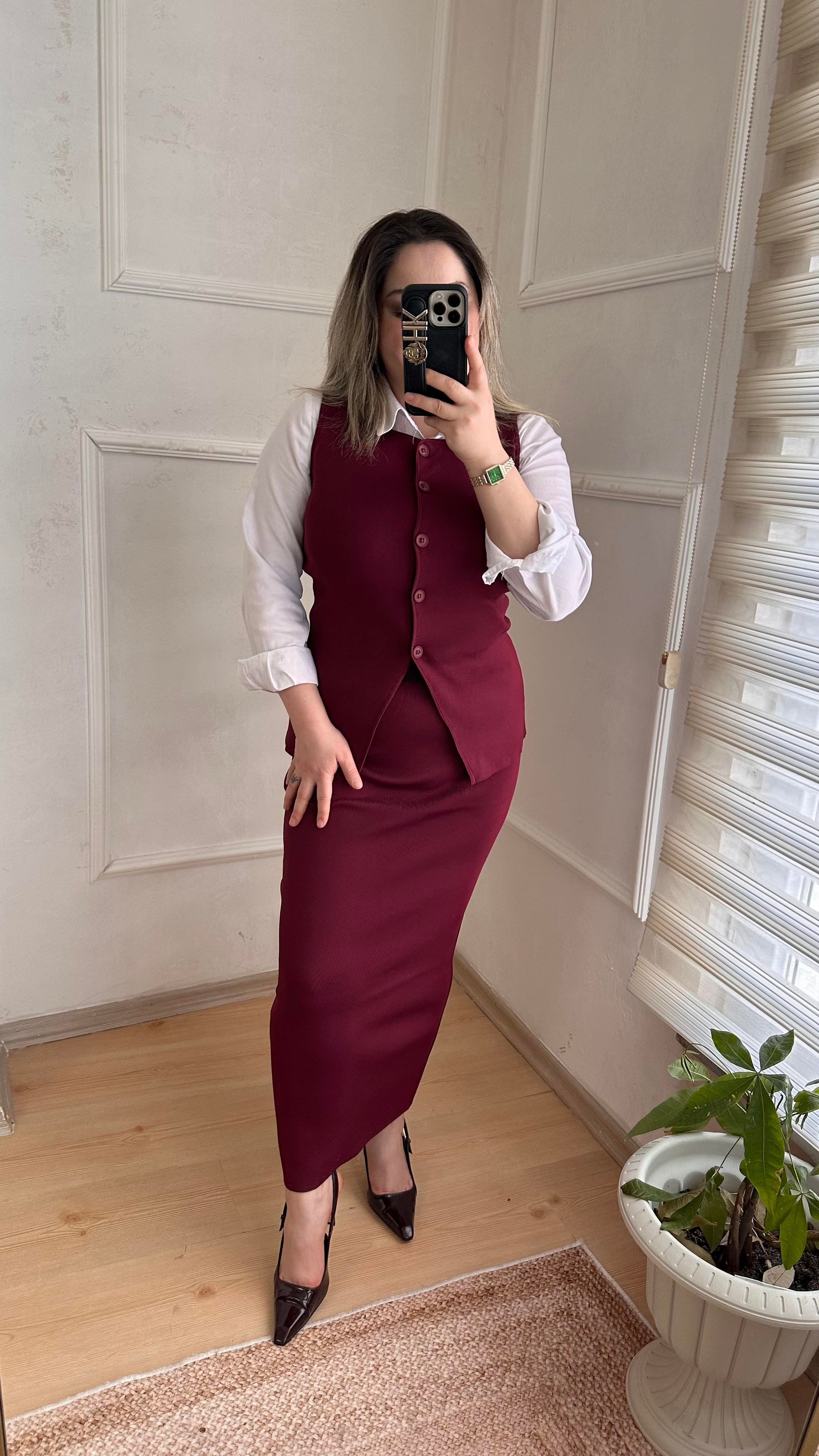 Çelik örgü triko yelek etek takım bordo