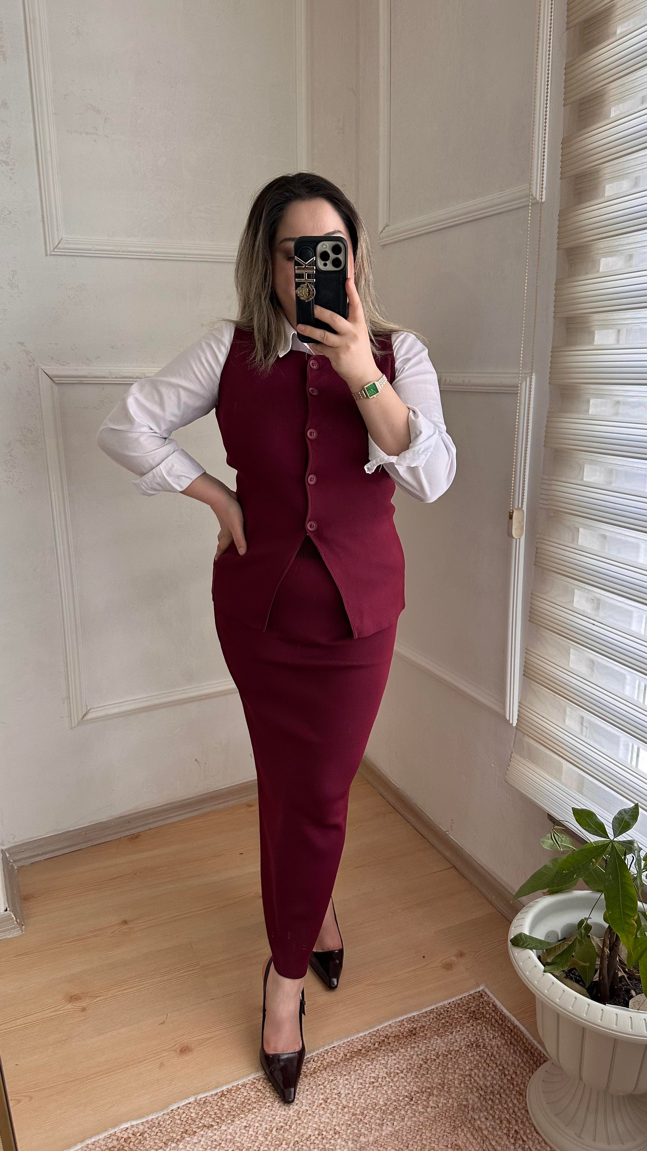 Çelik örgü triko yelek etek takım bordo