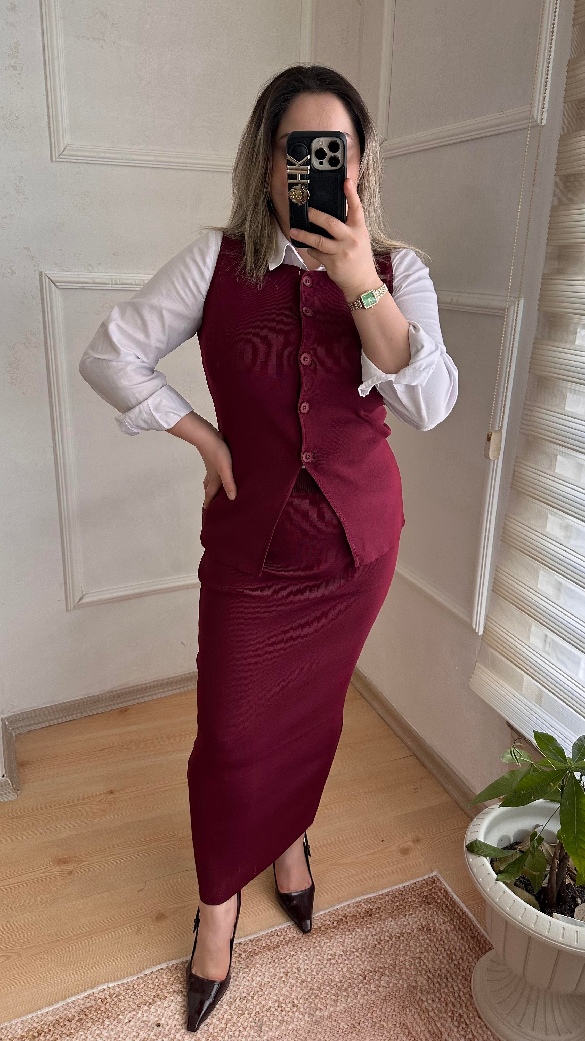 Çelik örgü triko yelek etek takım bordo