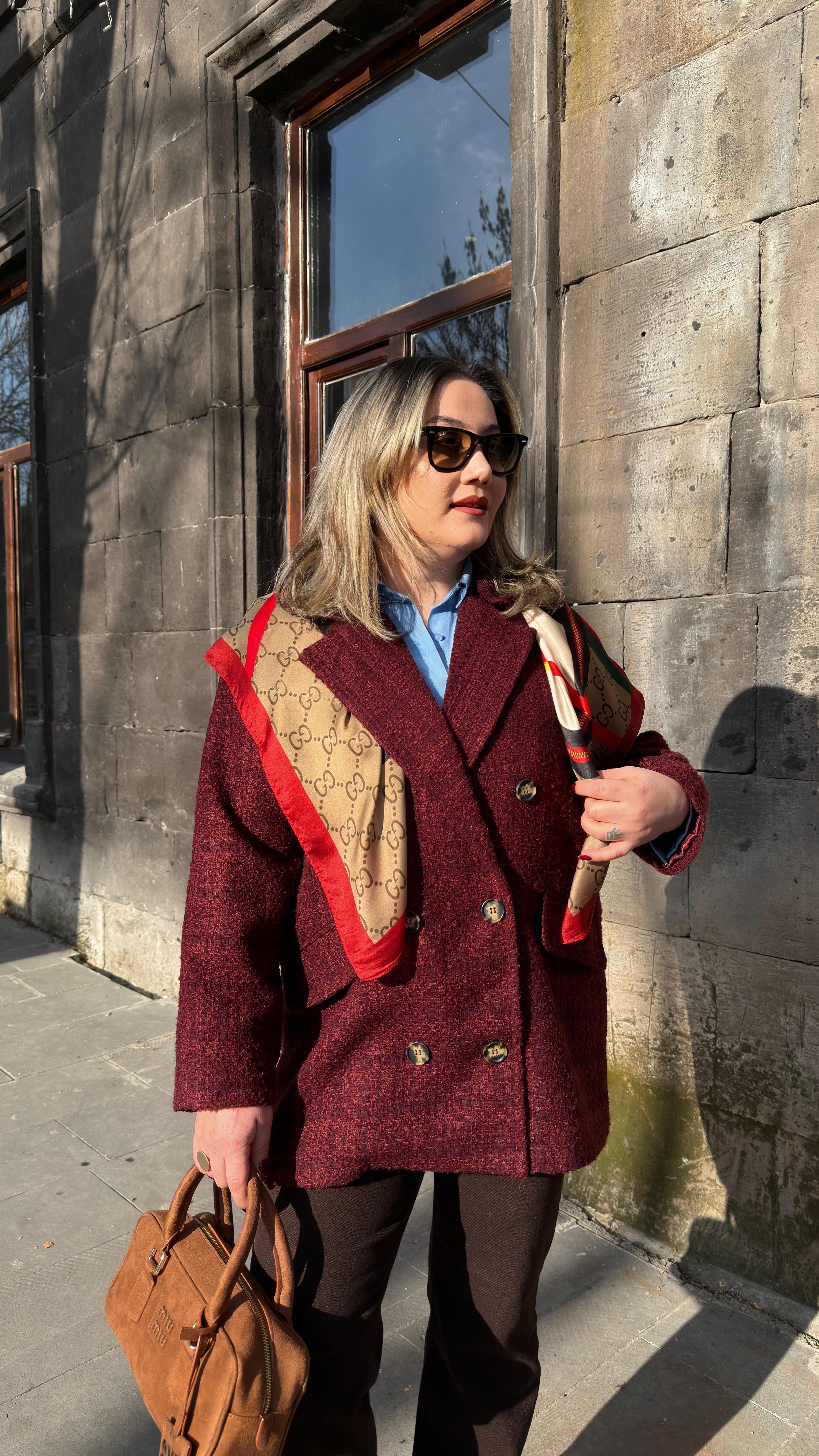 CHANEL KUMAŞ KRUVAZE ÇİFT DÜĞMELİ KABAN BORDO