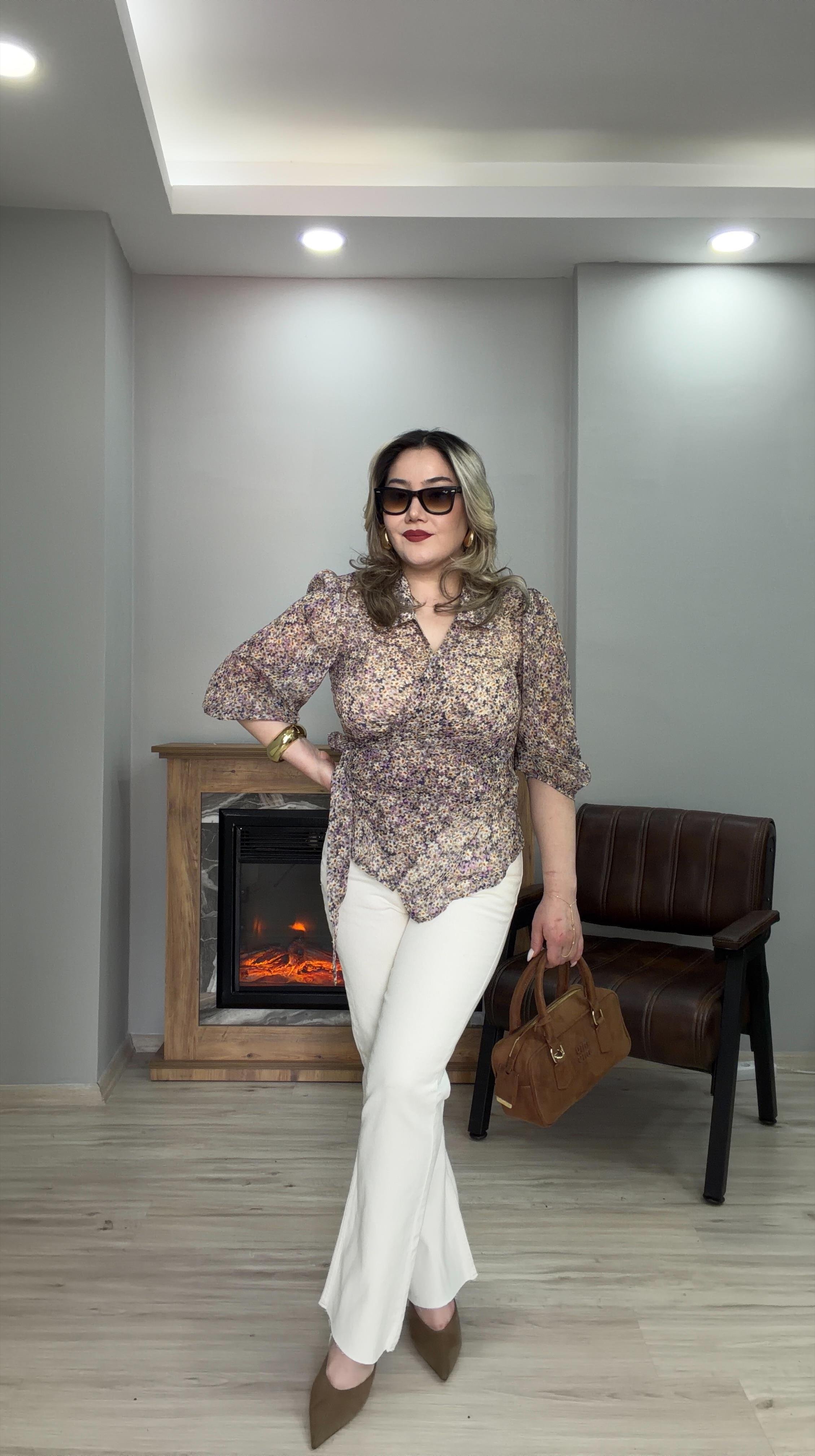 ÇİÇEKLİ ANVELOP ŞİFON BLUZ MOR 