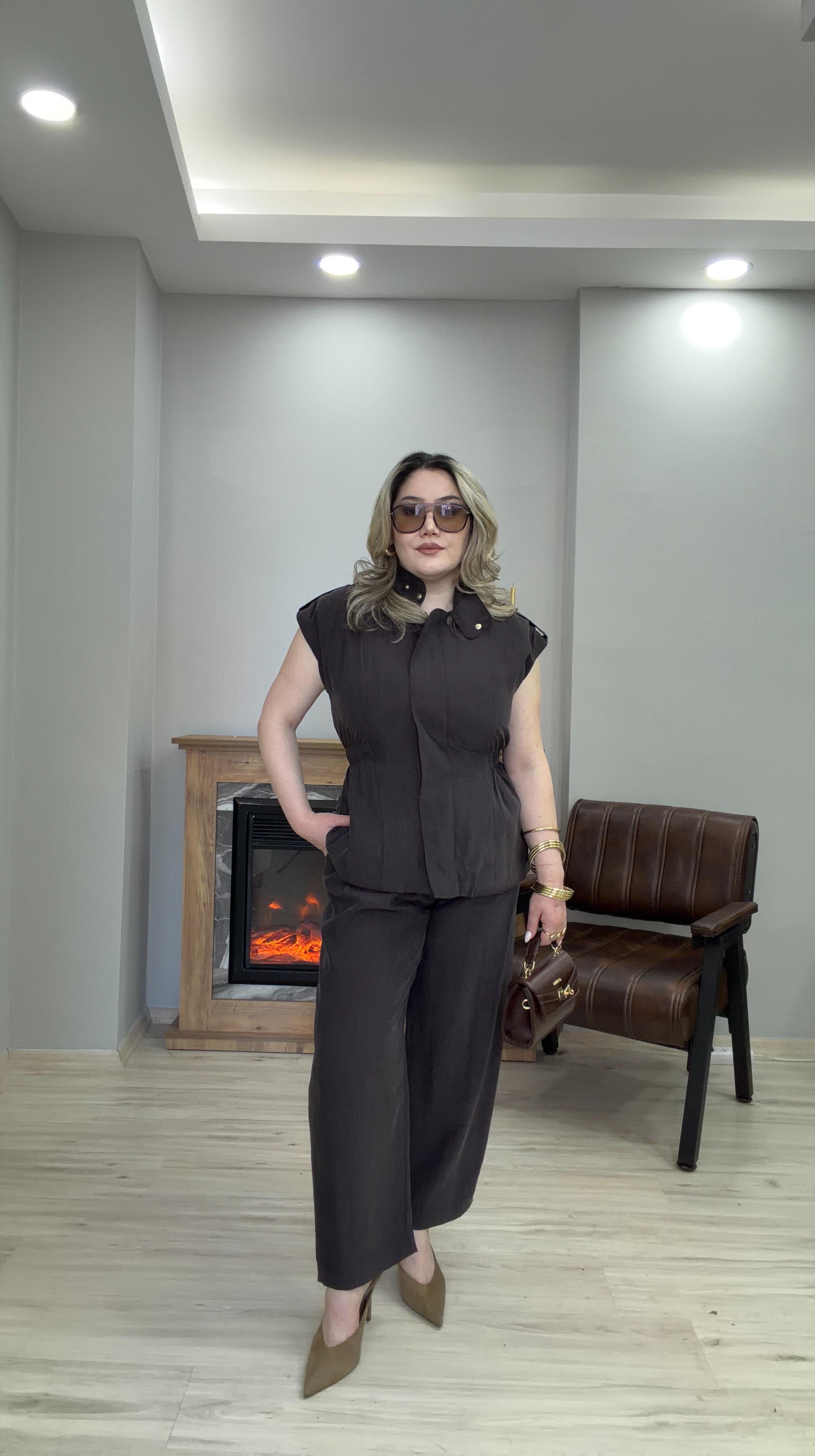 ÇITÇIT DETAYLI DİK YAKA TAKIM KAHVE