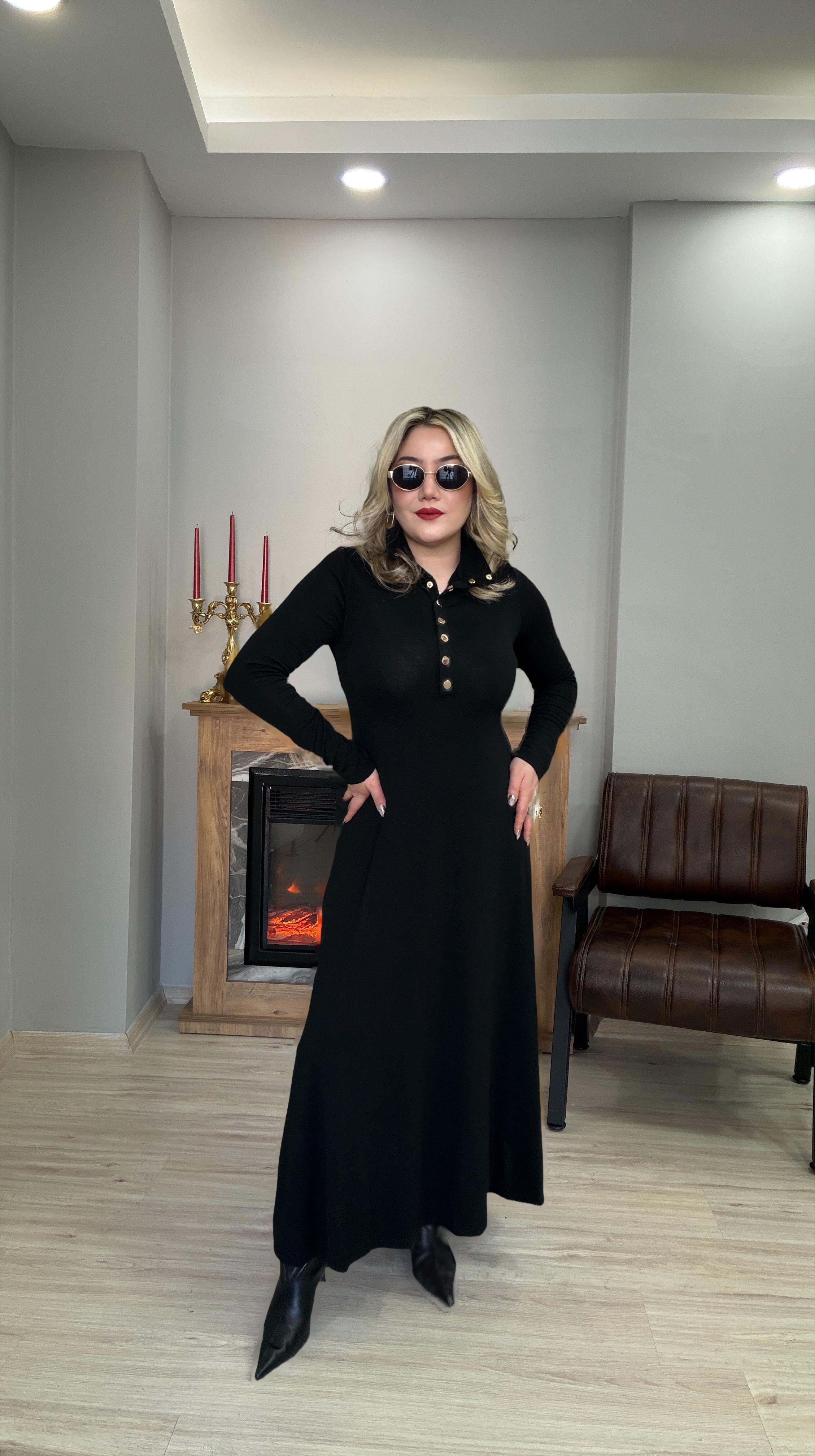 ÇITÇIT DETAYLI DİK YAKA TRİKO ELBİSE SİYAH